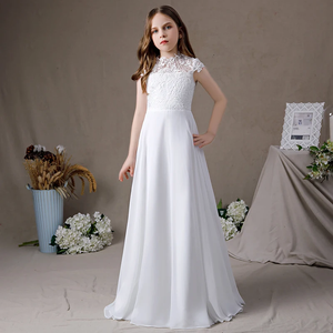 Lace Chiffon Girl Dress Cap Sleeves First Communion Gown