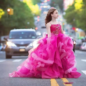Pink A-Line Ball Gown Sweep Train Spaghetti Lace Ruffles Girls Pageant Dress