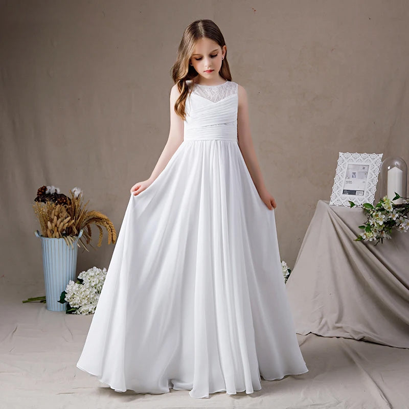 Lace Pleated Chiffon A-Line Girls Dress