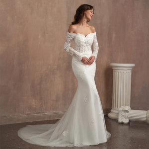 Long Sleeves Vintage Mermaid Wedding Dress Women Bridal Gown