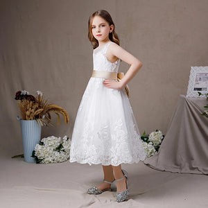 Tulle Sleeveless Big Bow Tea-Length Flower Girl First Communion Dress