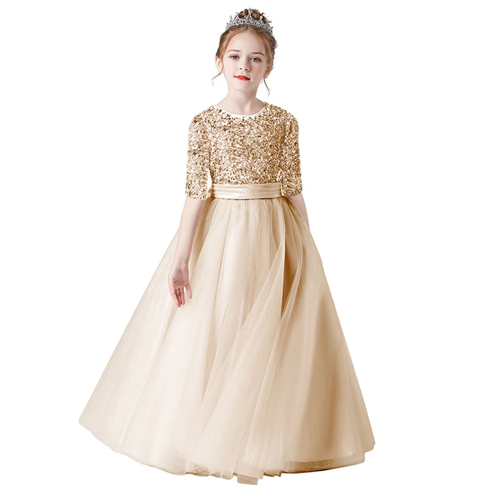 Sequin Half Sleeves Christmas Long Tulle Junior Concert Birthday Party Pageant Gown