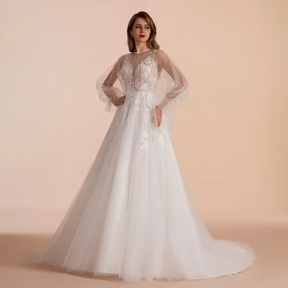 A stunning Muslim wedding dress featuring a high neckline, long sleeves, and an elegant A-line skirt with delicate floral lace embroidery.