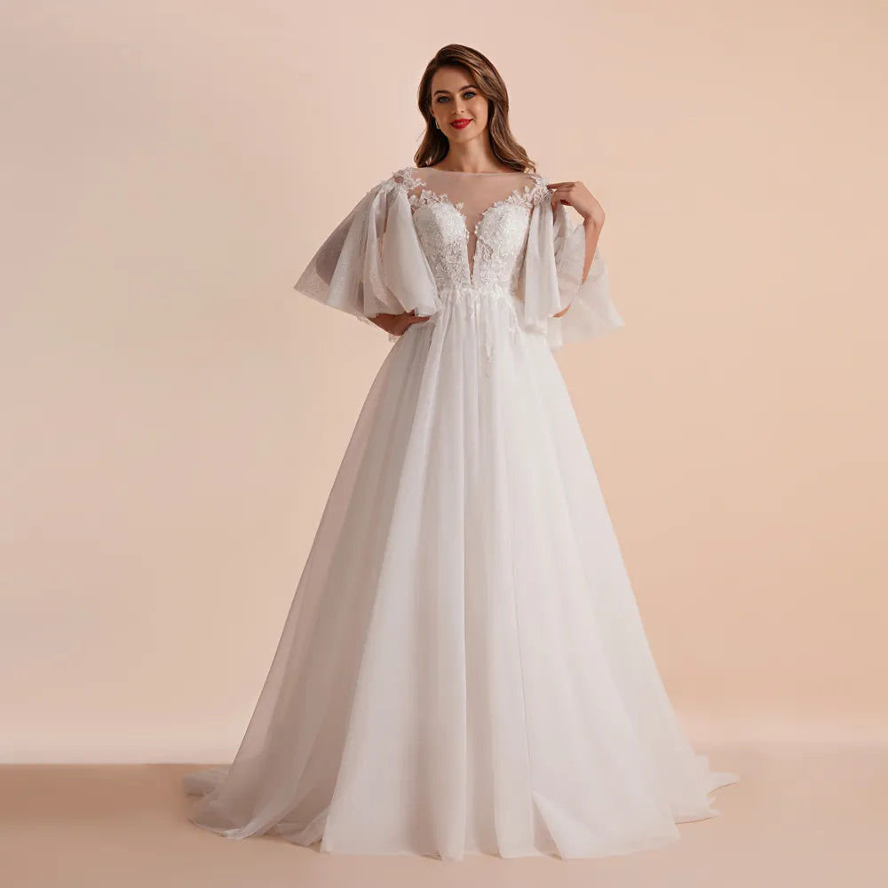 Elegant Muslim bridal gown with a high neck, long lace sleeves, and exquisite pearl embellishments on a voluminous A-line skirt.