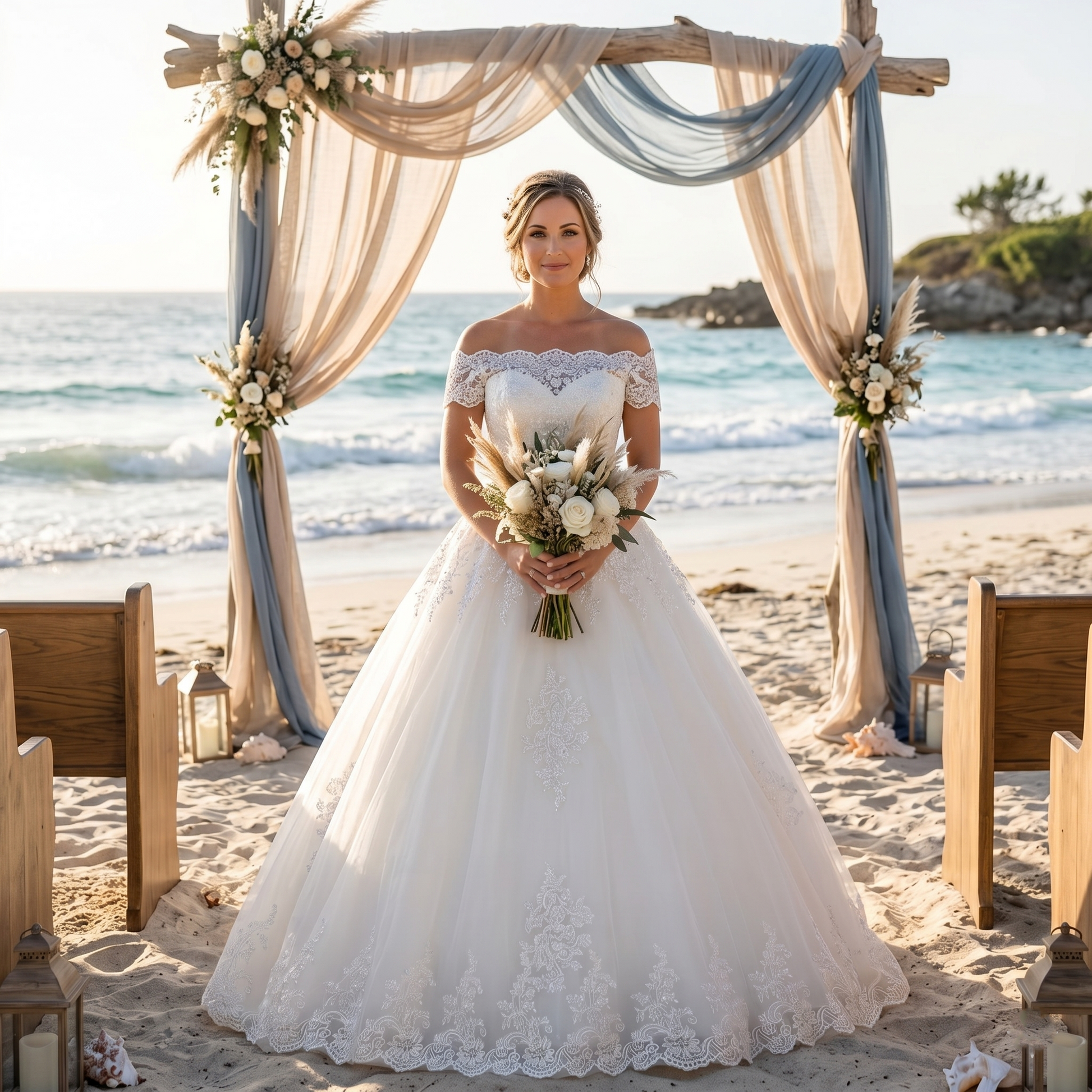 Radiant bride posing on a beach wearing a luxury off-the-shoulder A-line wedding dress with short lace sleeves, a full tulle skirt, and holding a boho bridal bouquet.