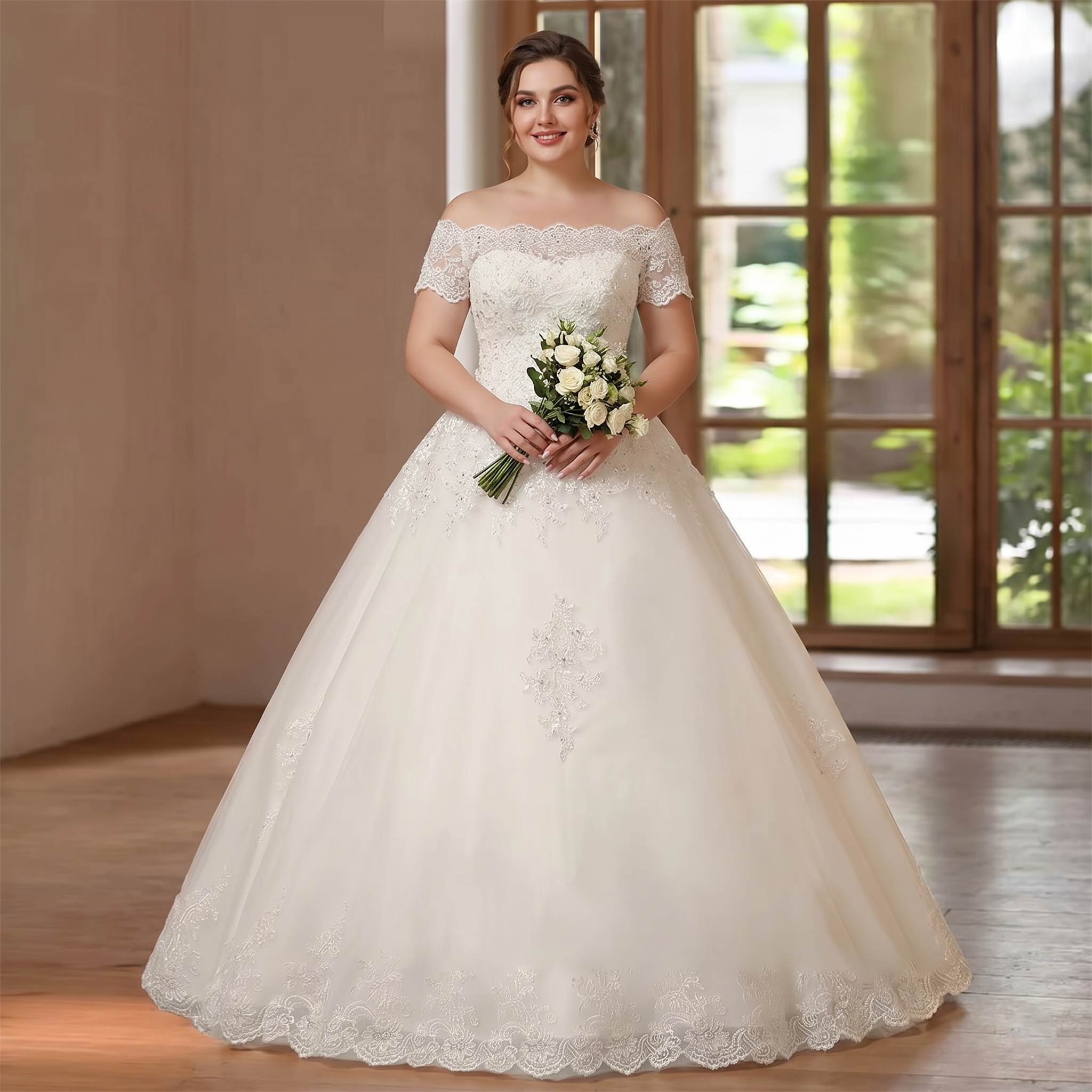Elegant bride standing indoors modeling a classic A-line bridal gown featuring a romantic off-the-shoulder lace neckline, short sleeves, and a flattering fitted bodice.