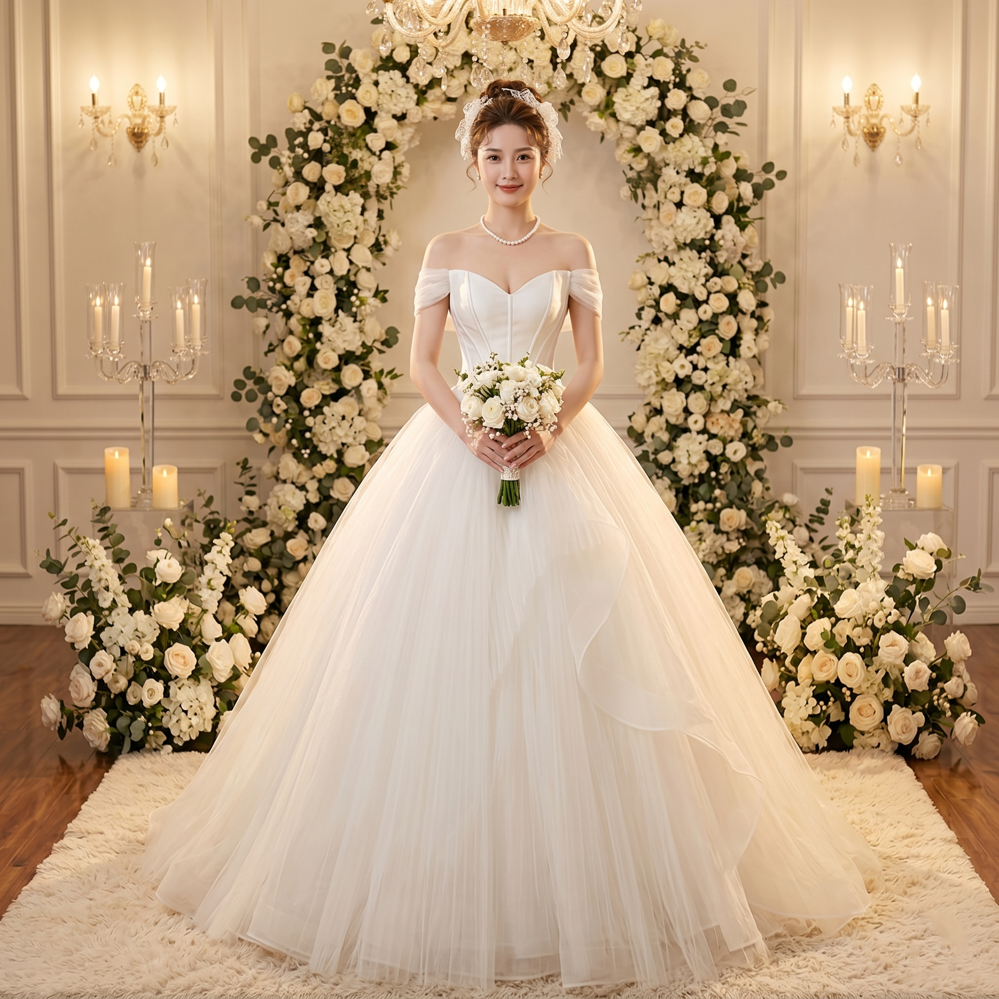 Full-length view of a bride in an off-the-shoulder A-line bridal dress holding a white flower bouquet in a floral-decorated venue.