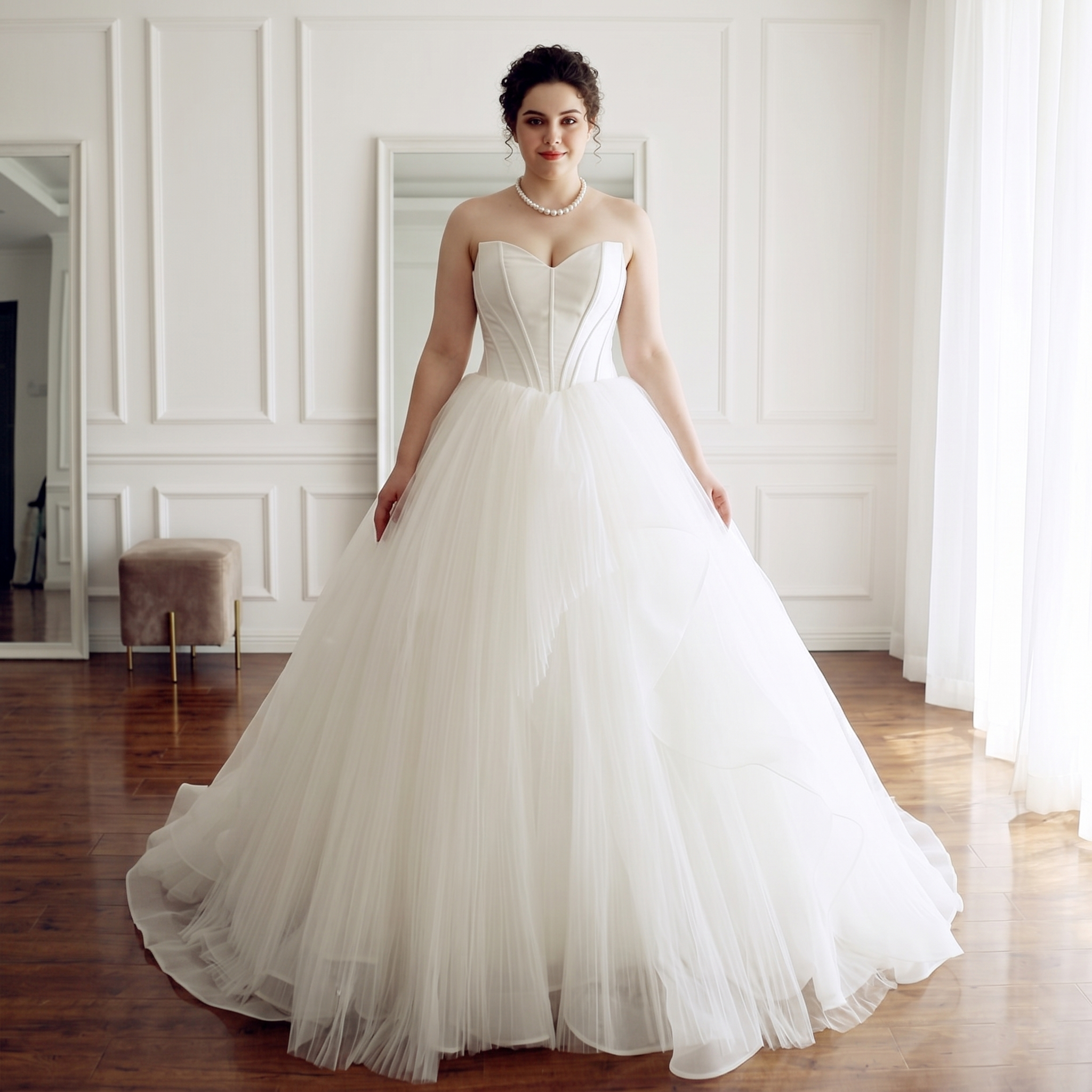 Front view of a bride wearing a strapless A-line wedding gown with a corset bodice and pearl necklace.