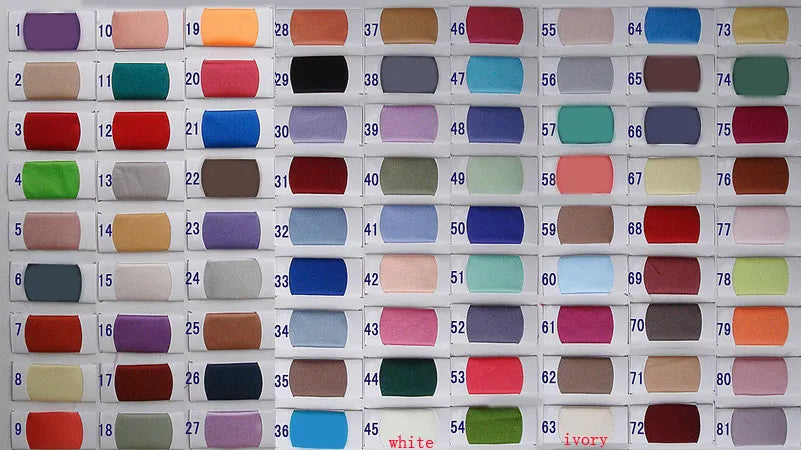 Fabric color swatch chart for custom wedding gowns, displaying a wide variety of available shades for your A-line bridal dress.