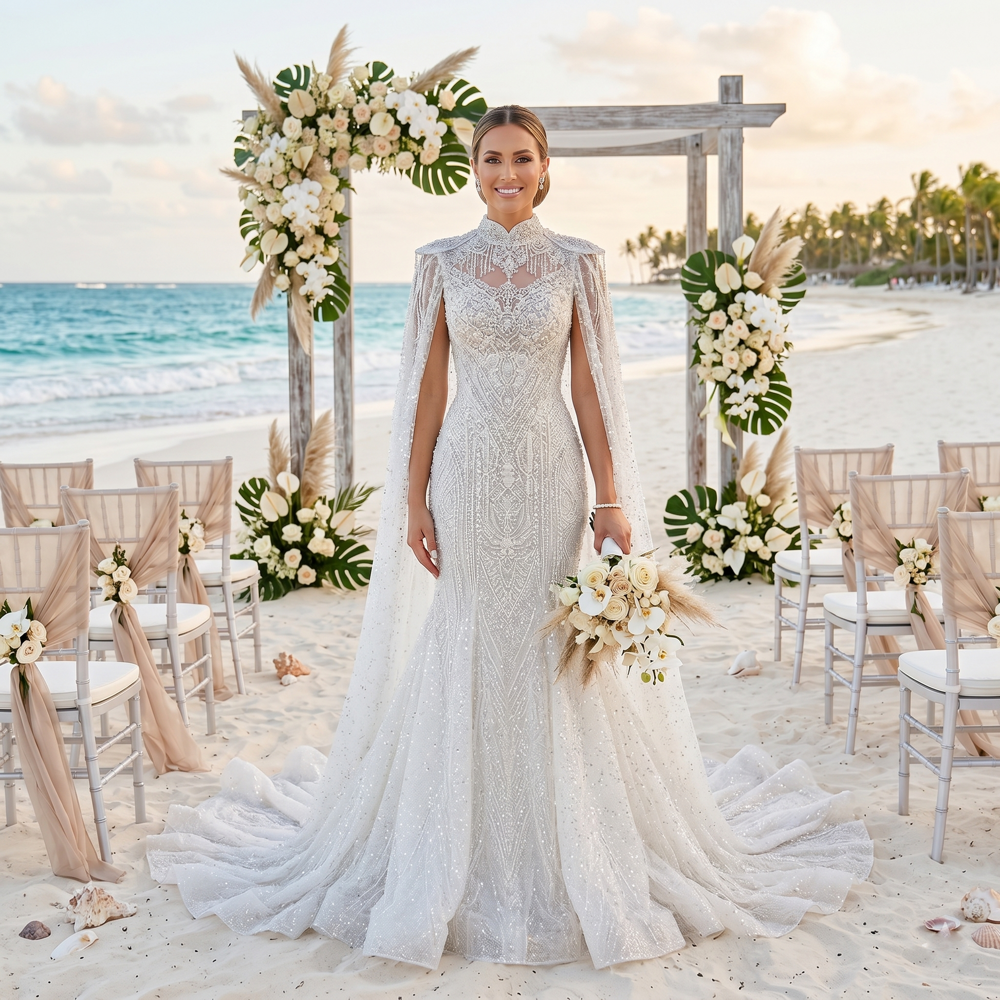 Bride wearing a luxury A-line sequin lace wedding dress featuring a flowing floor-length sheer bridal cape at an elegant ceremony.