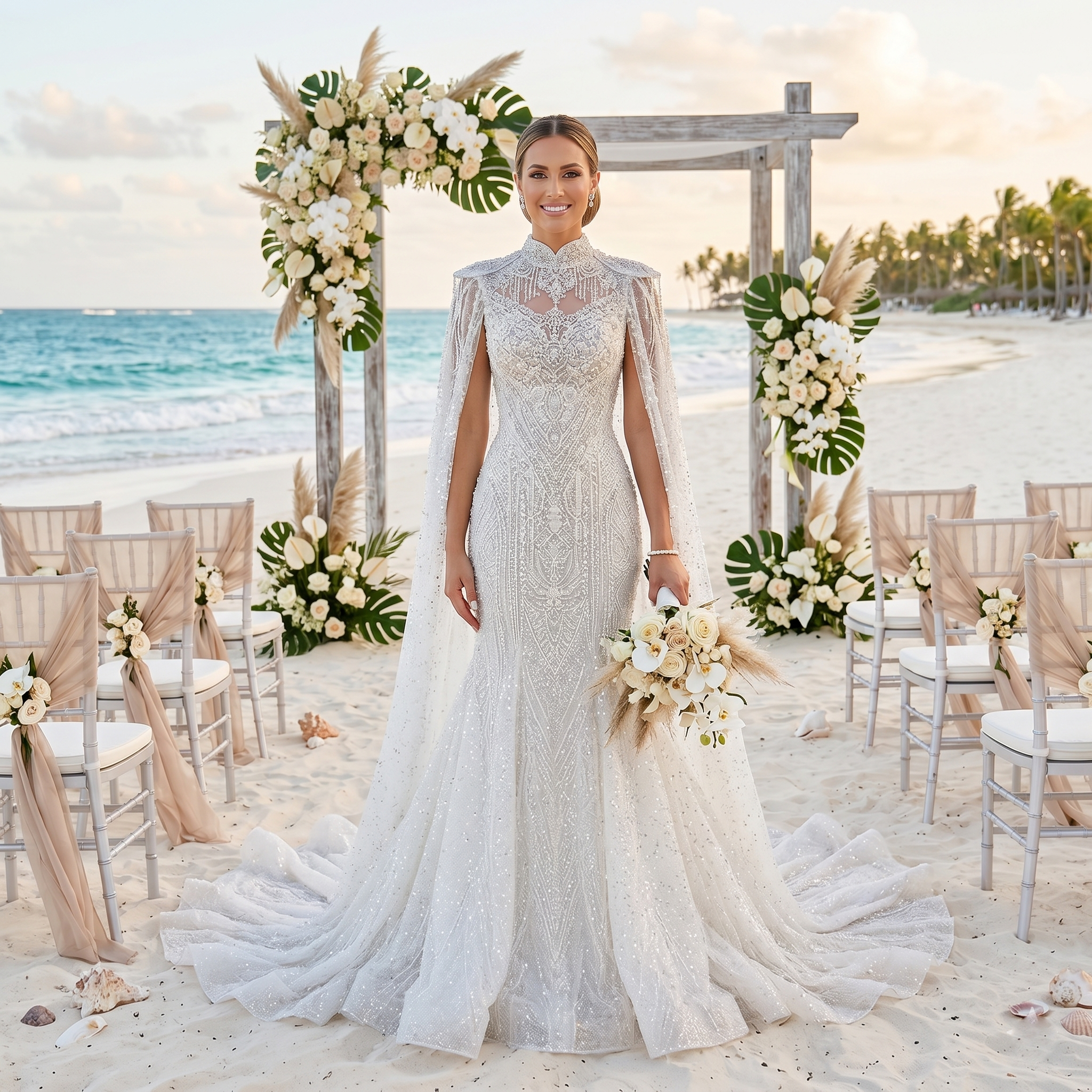 Bride wearing a luxury A-line sequin lace wedding dress featuring a flowing floor-length sheer bridal cape at an elegant ceremony.