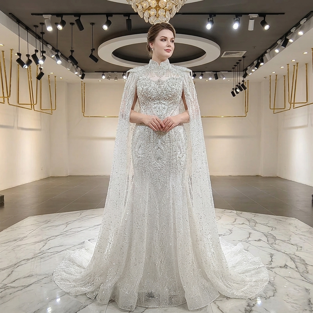 Model showcasing a glamorous A-line sequin lace bridal gown with a matching embroidered cape overlay in a showroom setting.