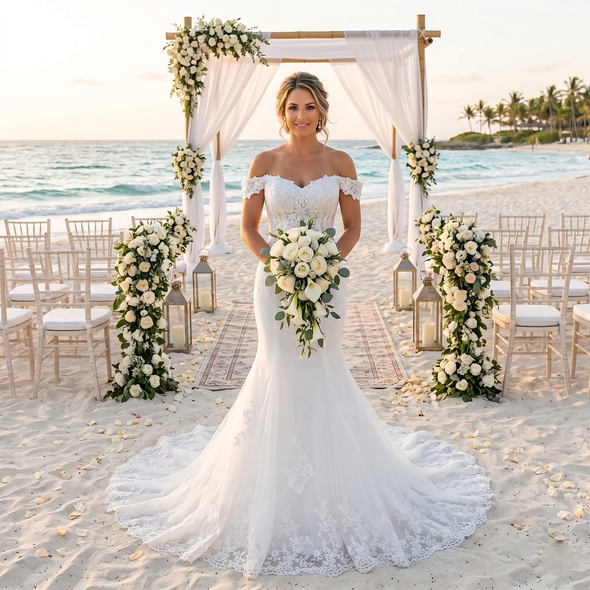 A bride posing on a beach during a sunset ceremony wearing an elegant boat neck mermaid wedding dress with intricate lace detailing and a fitted waist.