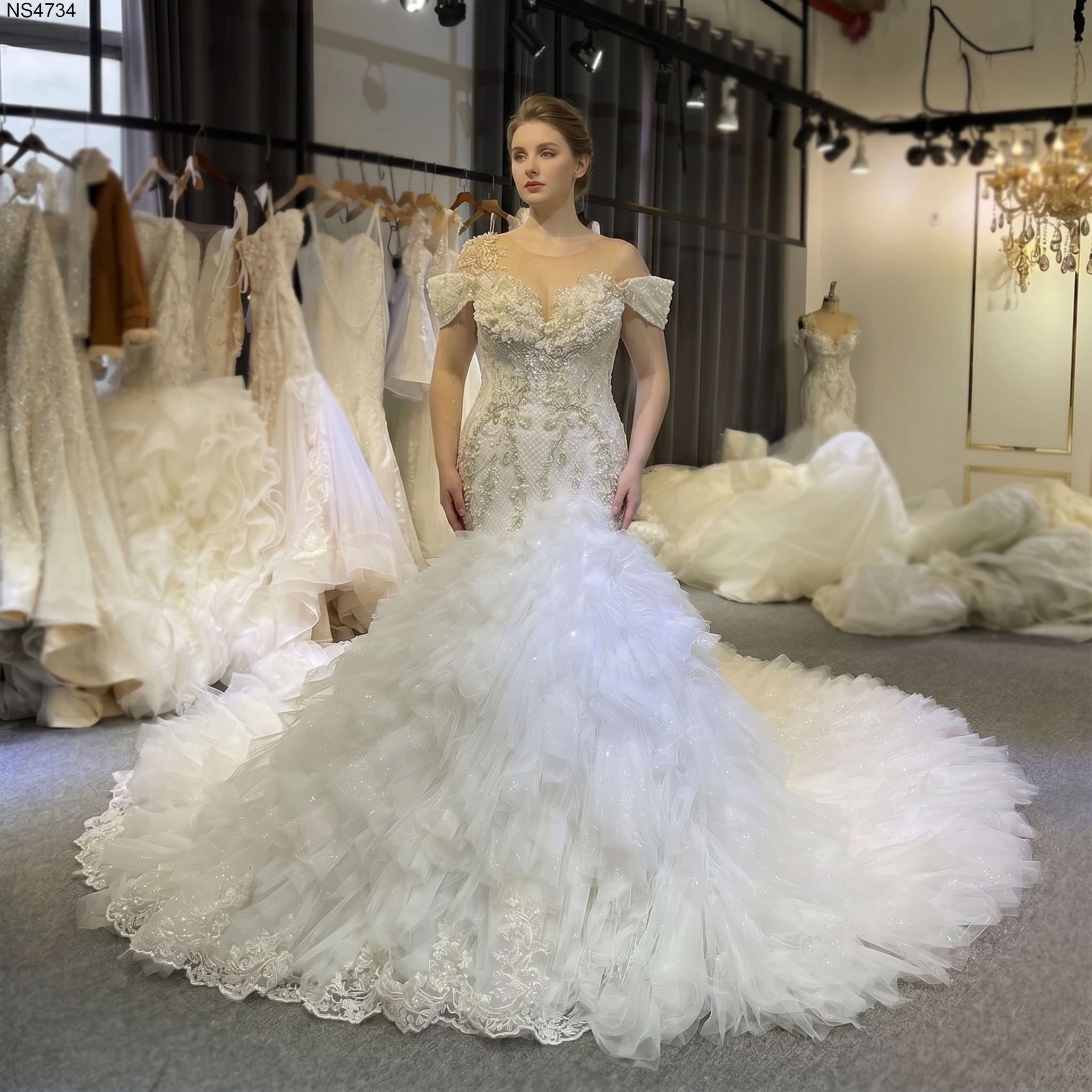A plus-size model showcasing the elegant beaded bridal gown with an off-the-shoulder illusion neckline and a dramatic, layered ruffled mermaid skirt.