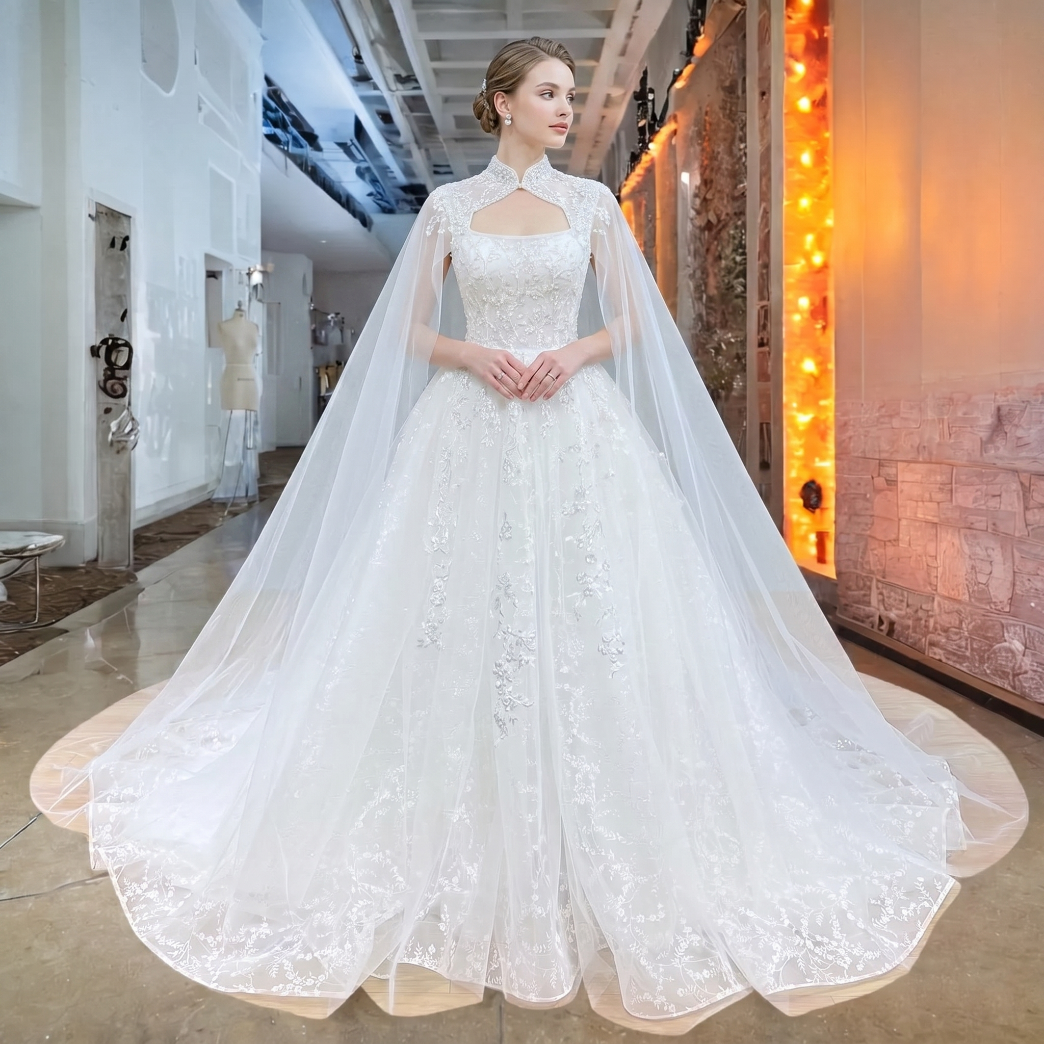 Front view of an elegant model in a luxury showroom wearing a white ball gown wedding dress featuring shimmering sequin embroidery and a high-neck matching bridal cape.
