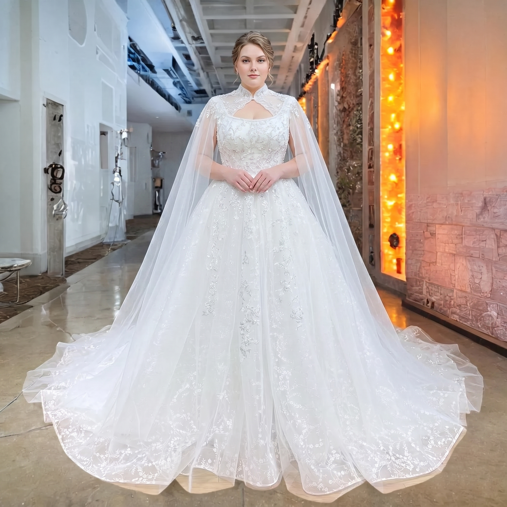 Full-length view of a plus-size bride wearing a luxury beaded ball gown with a high-neck keyhole cape adorned with silver sequins and pearls.
