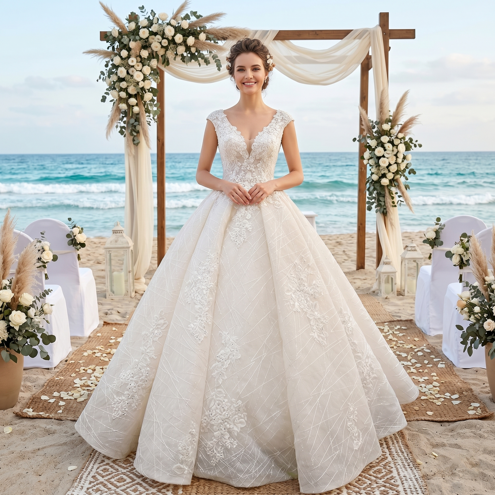 Elegant ball gown wedding dress with a deep V-neck, floral lace appliques, and a sparkling tulle skirt on a beach altar.