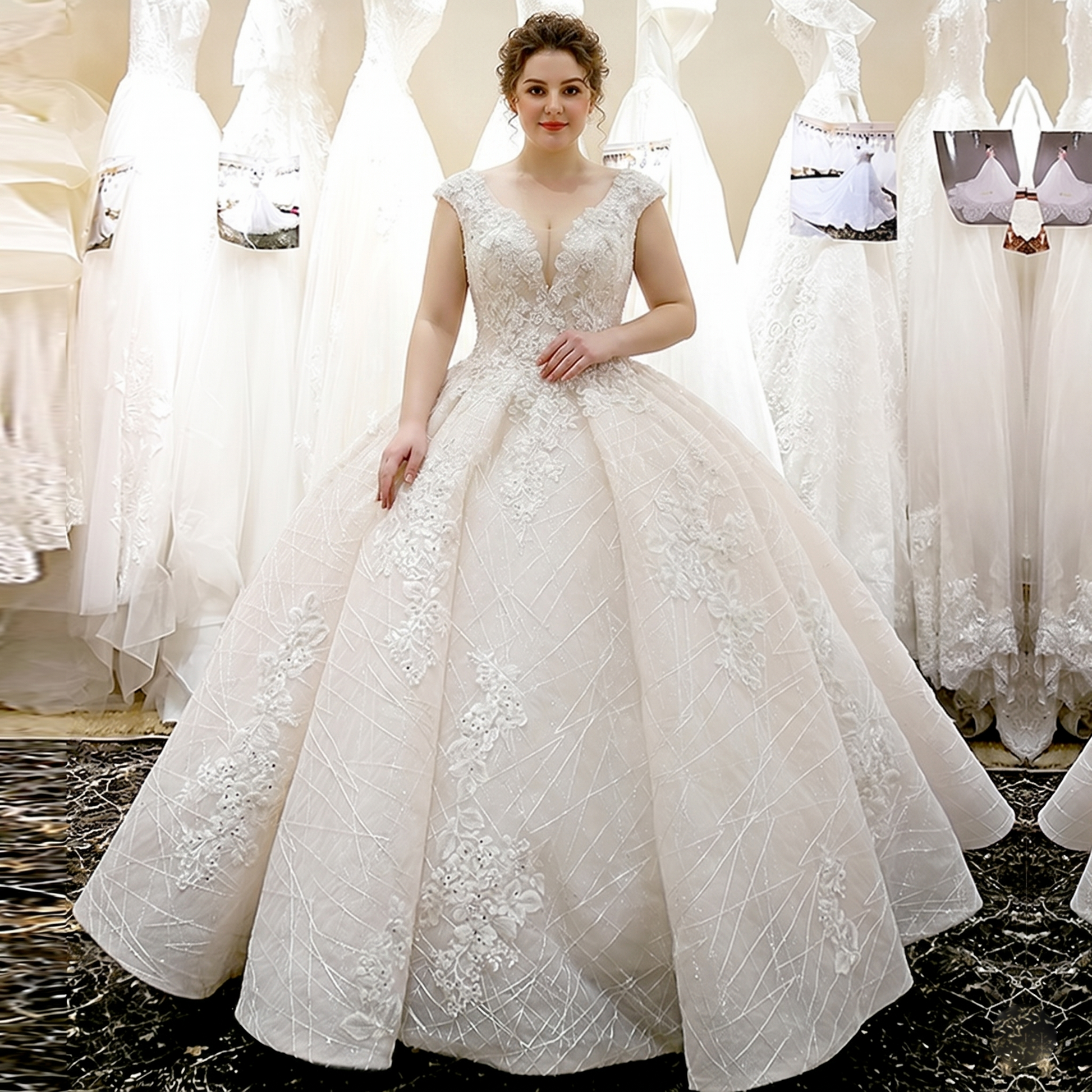 Plus-size princess wedding dress featuring a V-neckline, cap sleeves, and intricate lace flower appliques.