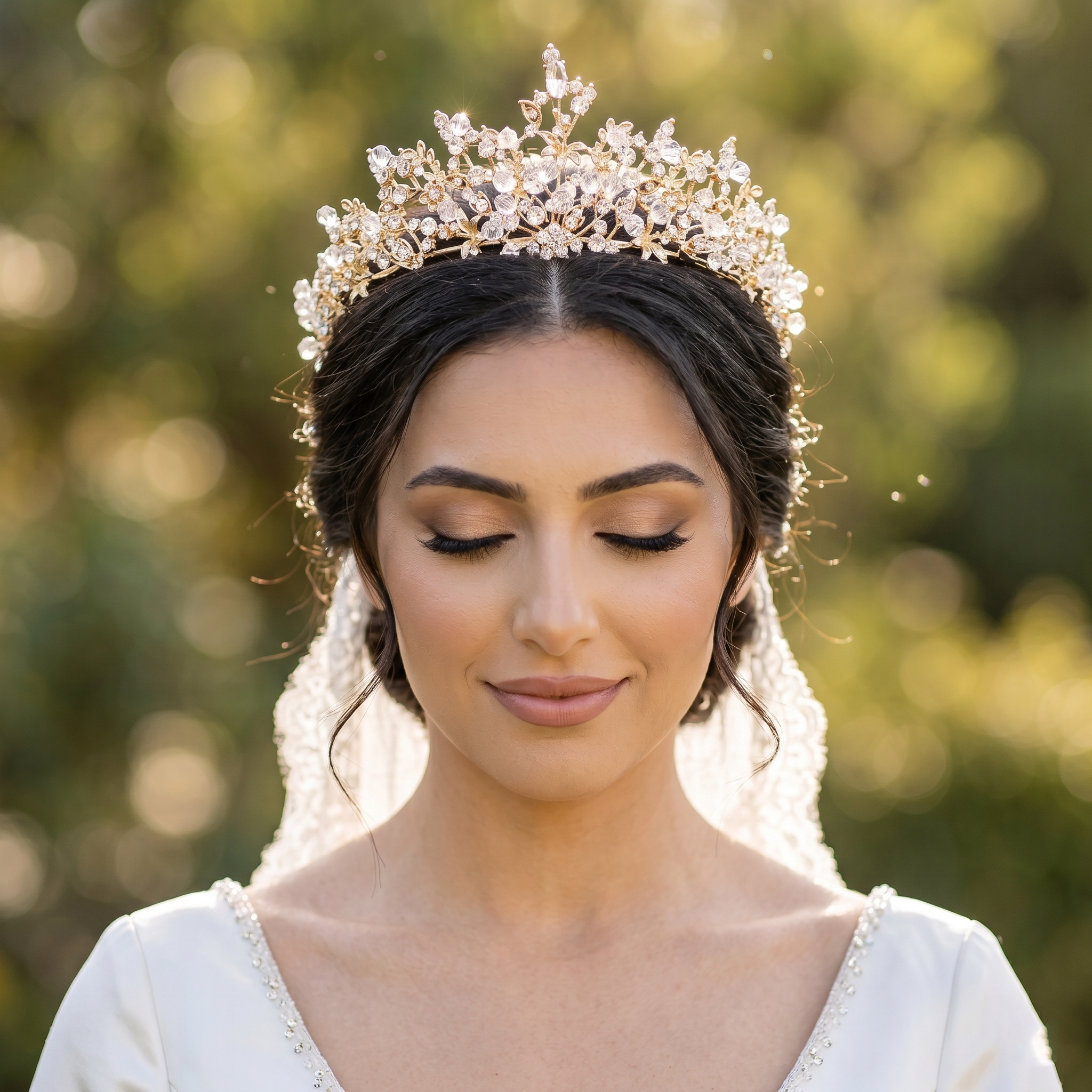 A bride wearing a baroque-style handmade luxury crystal bridal tiara for her wedding day.