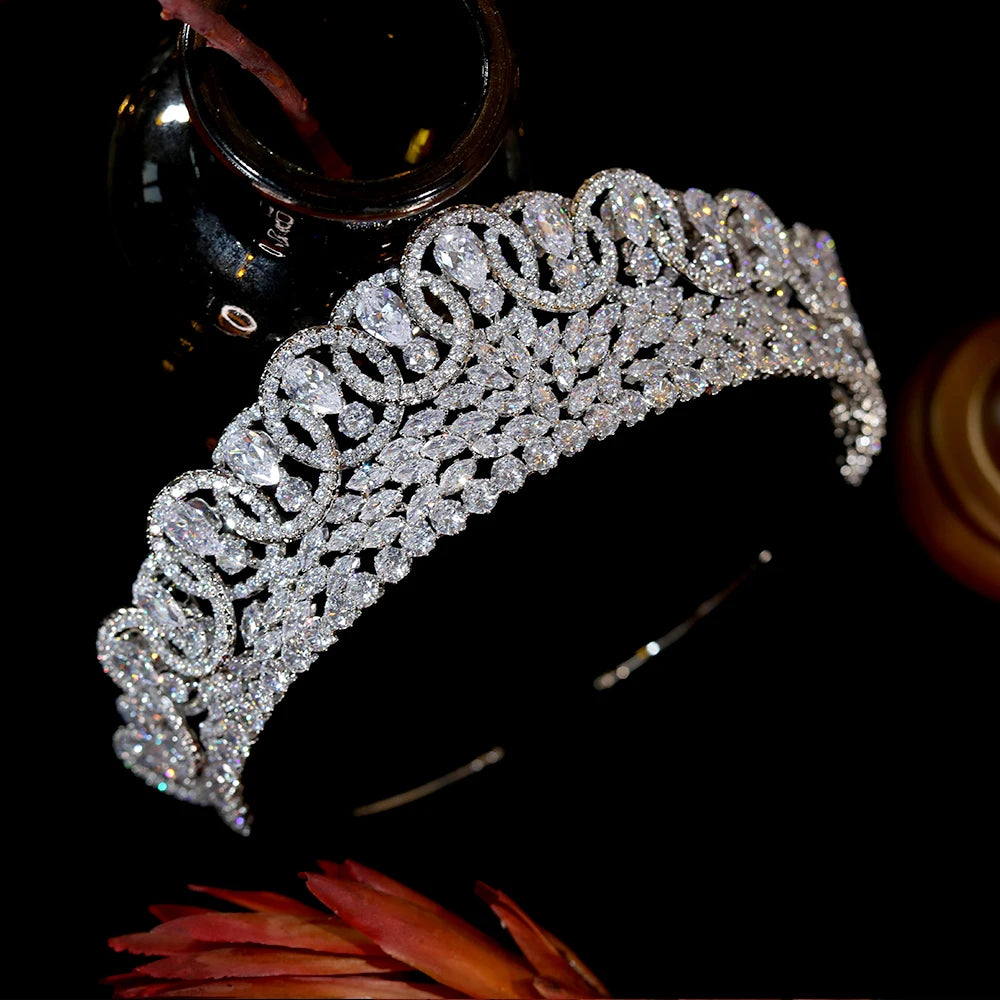 High-angle side view showcasing the brilliant pave-set cubic zirconia layout of a baroque bridal headpiece
