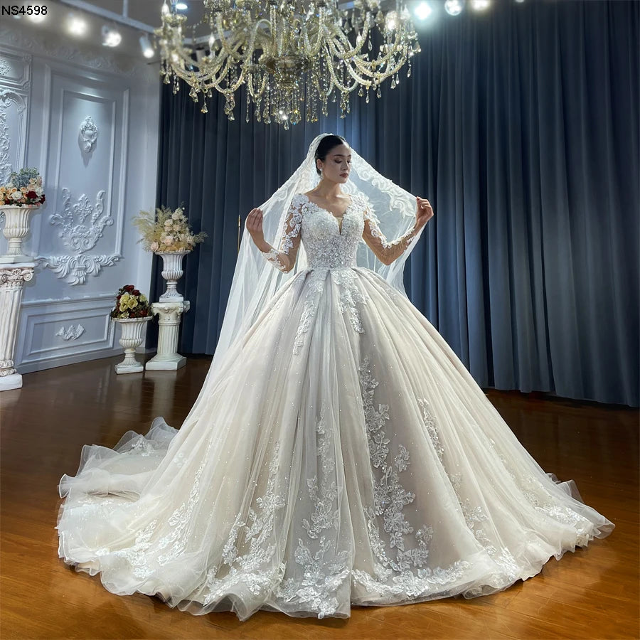 Beach Style A-Line Wedding Dress with Long Sleeves Elegant Luxury Bridal Gown