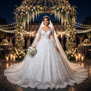 Glamorous bride wearing a long sleeve beaded ball gown wedding dress with a sparkling branch pattern under a lit floral gazebo at a luxury evening wedding.
