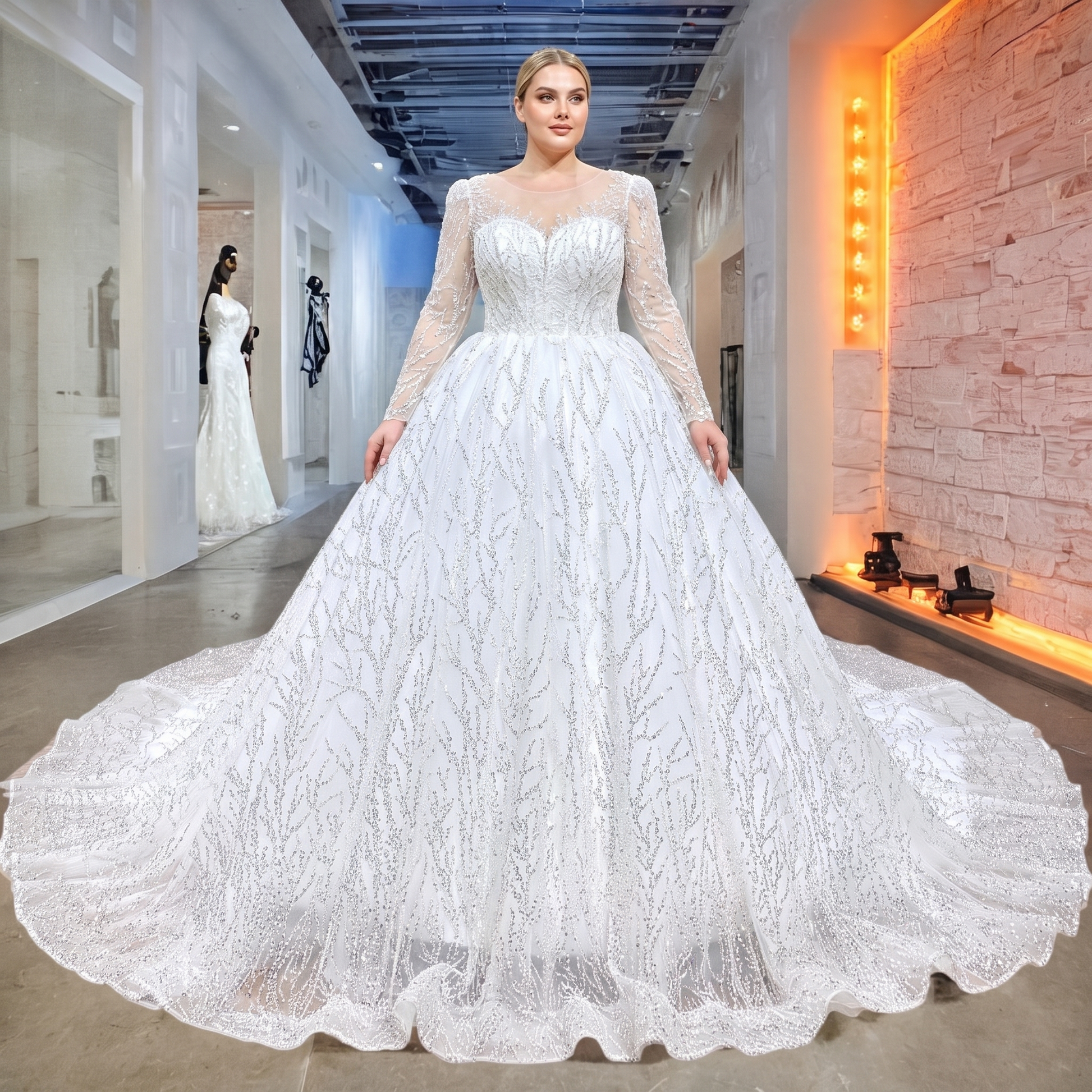 Plus size bridal model showcasing a white long sleeve royal ball gown wedding dress featuring an all-over shimmering branch sequin design.