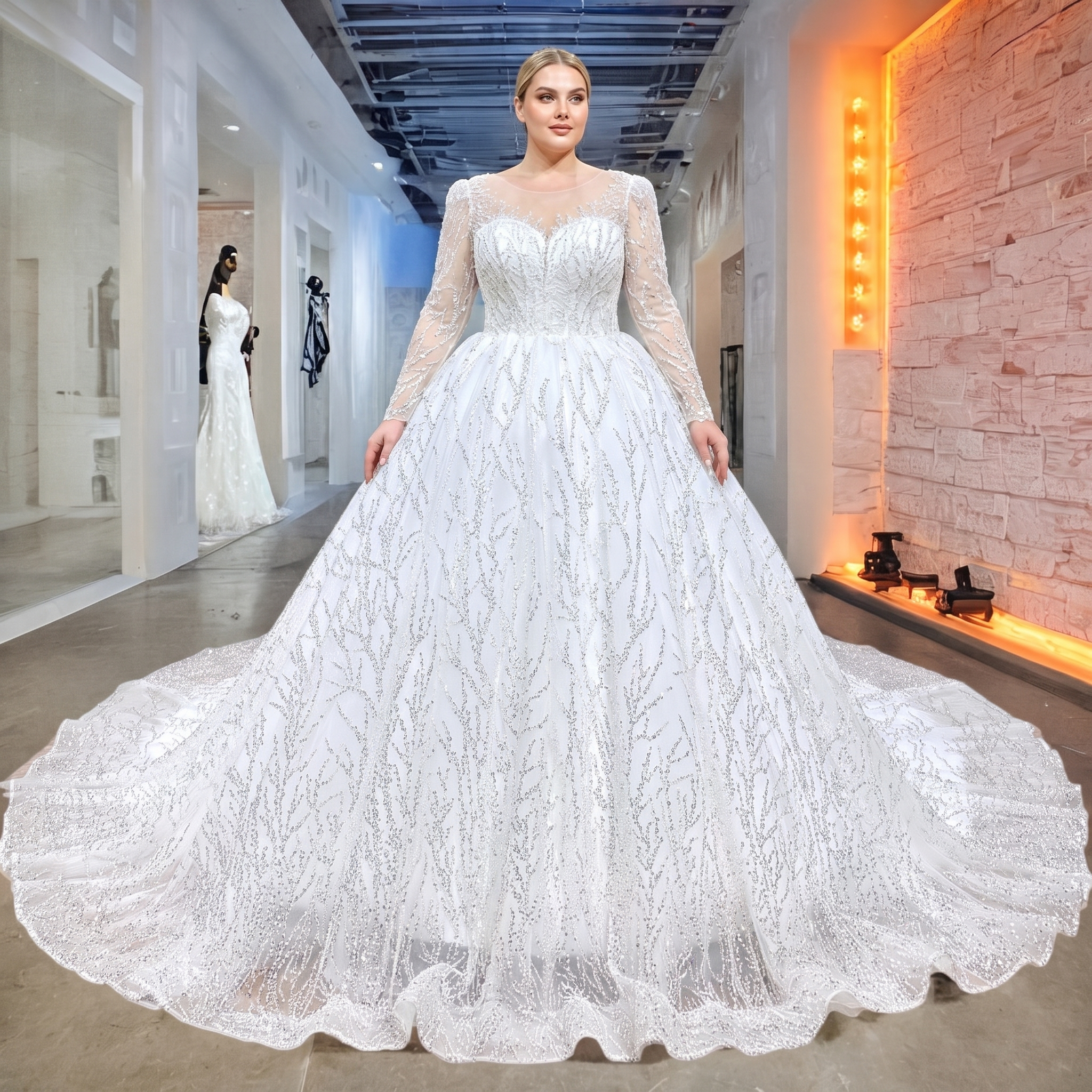 Plus size bridal model showcasing a white long sleeve royal ball gown wedding dress featuring an all-over shimmering branch sequin design.