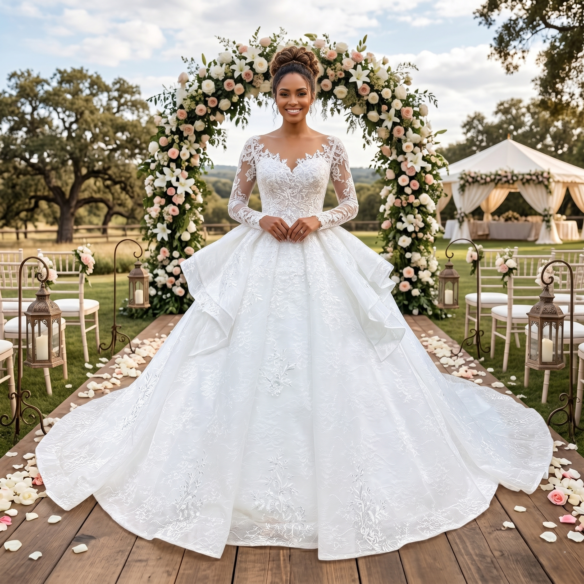 Smiling bride wearing a vintage long-sleeve lace ball gown wedding dress with a tiered cathedral skirt, standing under a floral arch at an outdoor ceremony.