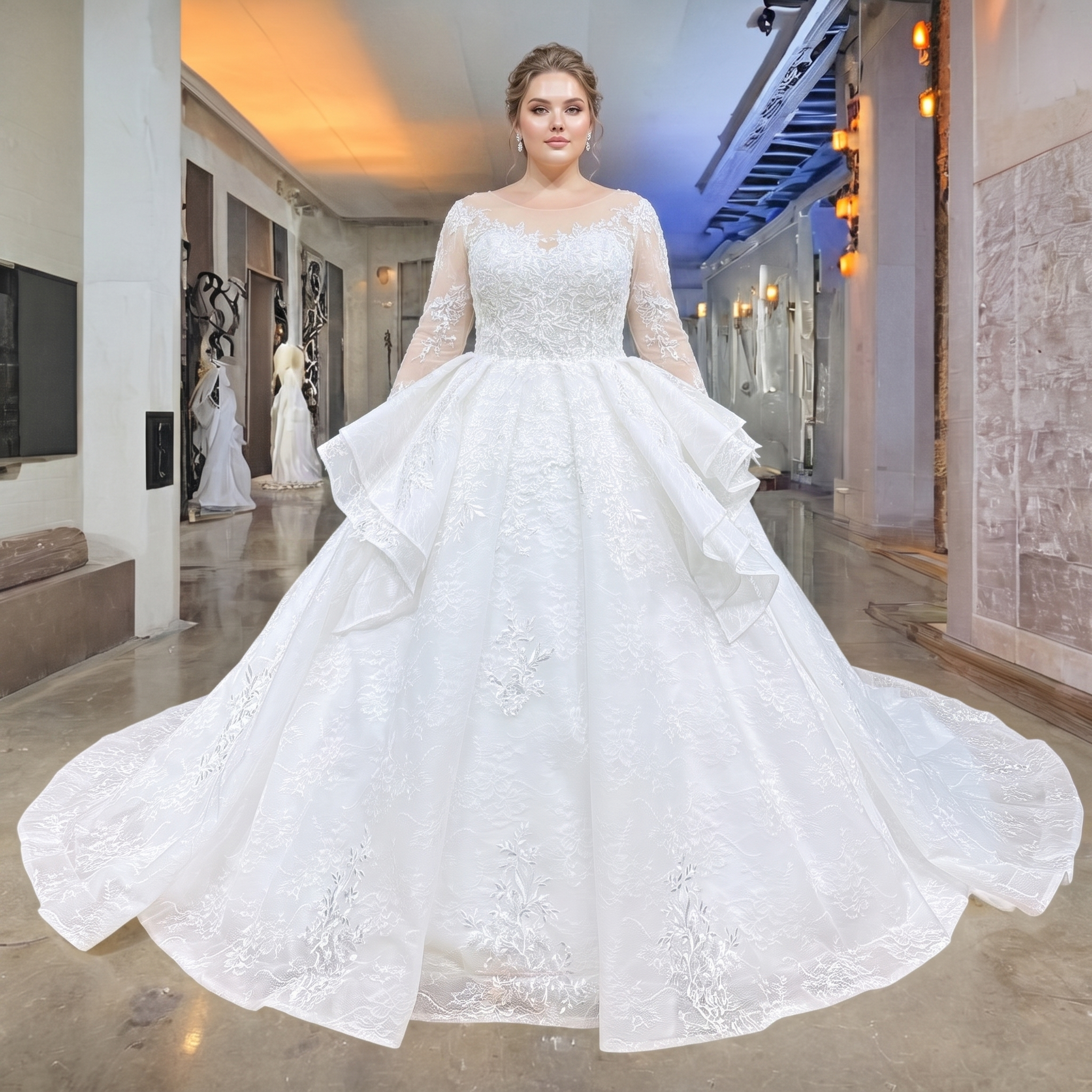 Plus-size model showcasing a majestic long-sleeve beaded lace bridal gown with a dramatic tiered basque waist skirt in a showroom setting.