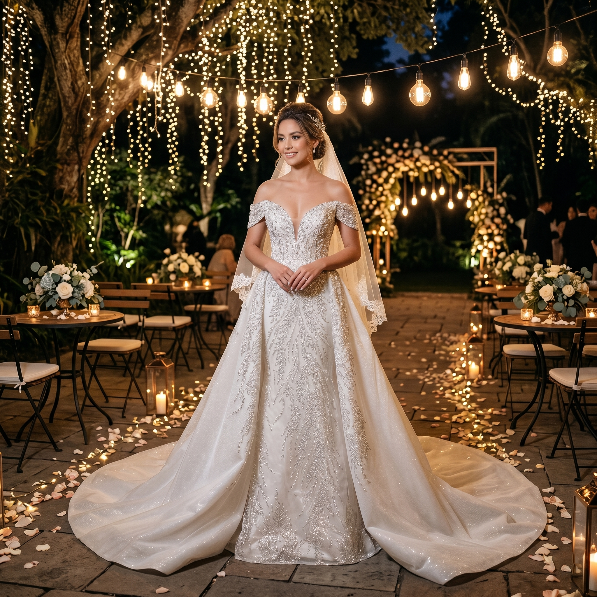 Elegant bride standing in a sunlit garden wearing a beaded lace mermaid wedding dress featuring off-the-shoulder straps and a grand detachable train.