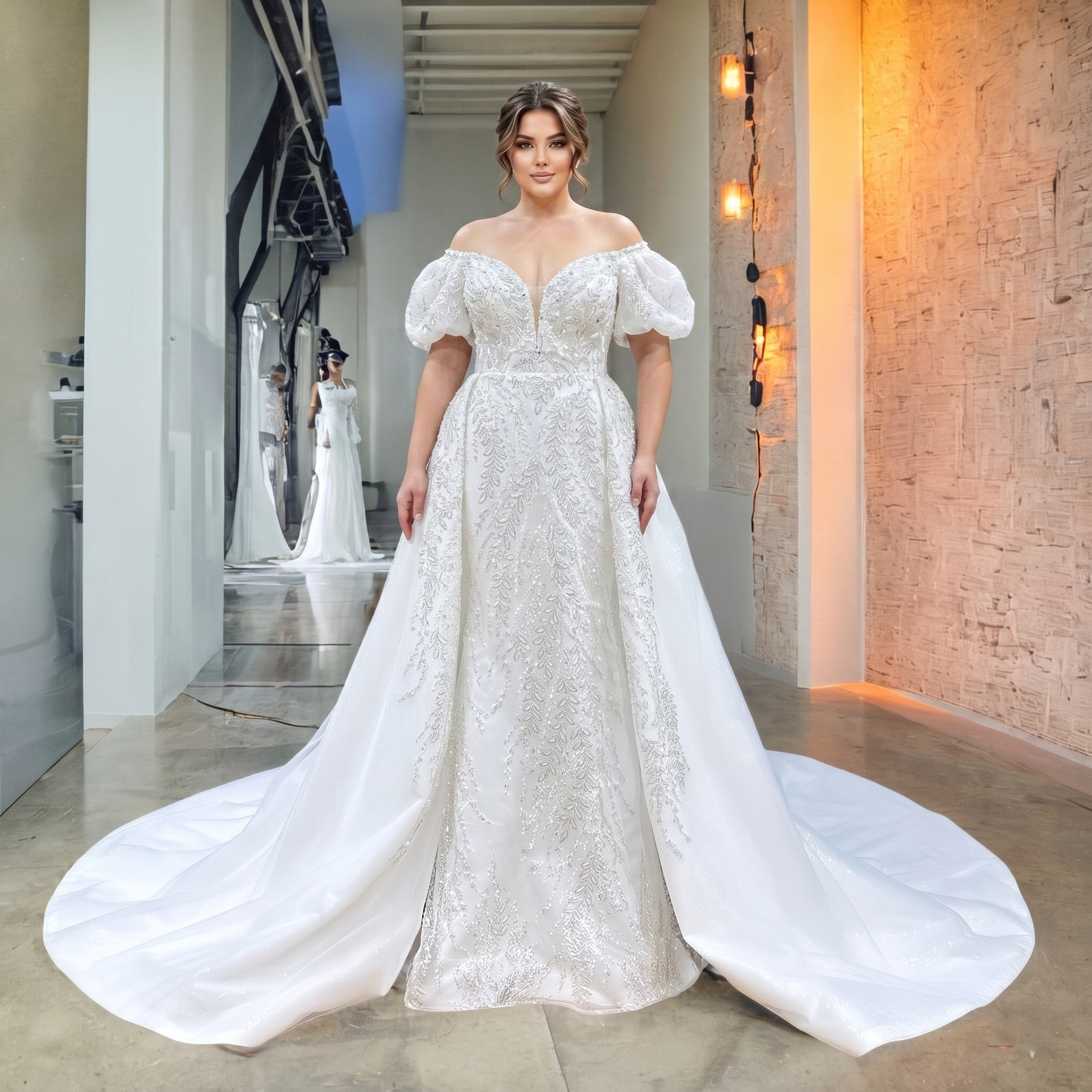 Plus-size bridal model in a modern indoor setting modeling an exquisite beaded lace mermaid wedding dress with off-the-shoulder sleeves and a dramatic detachable train.