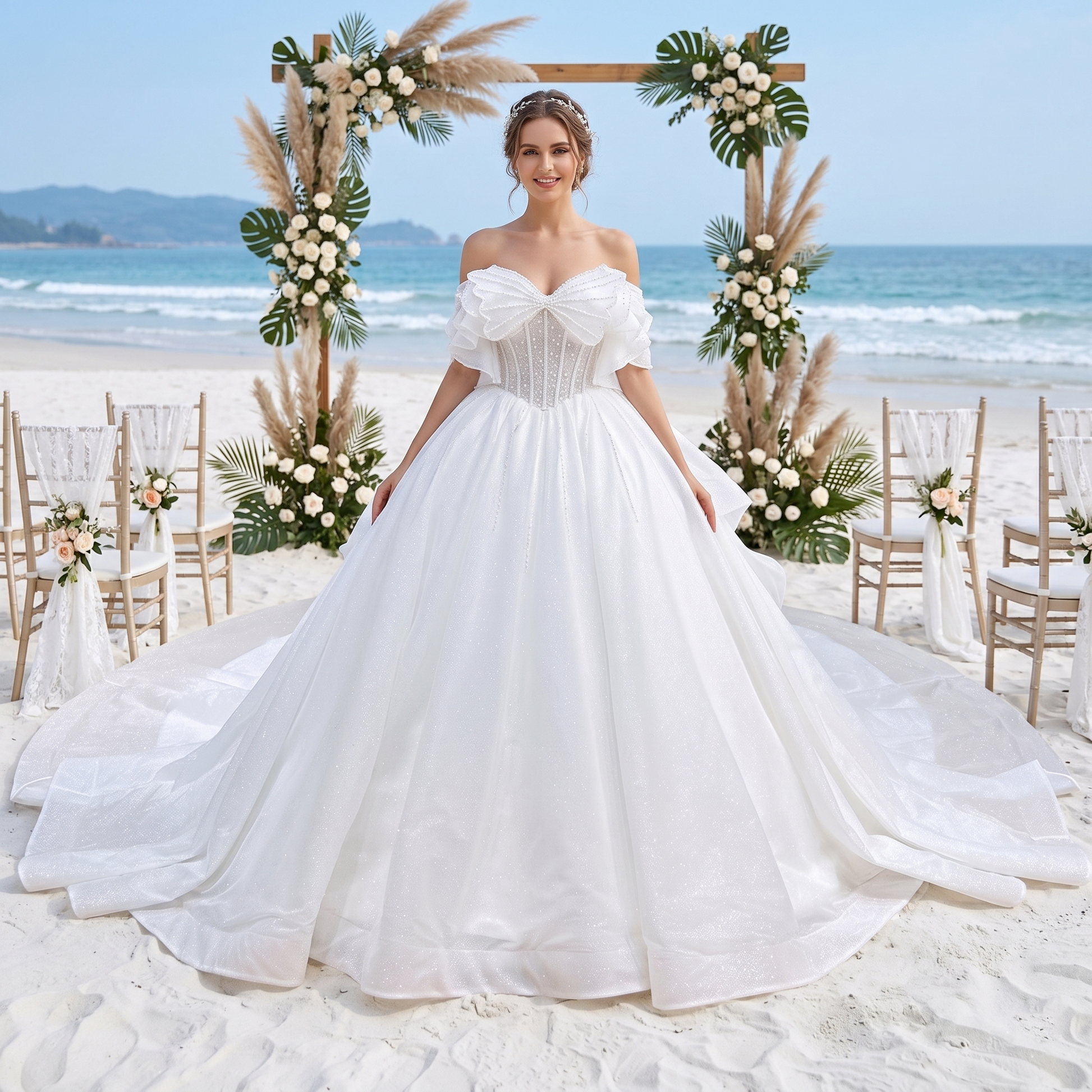 Glamorous bride wearing a luxury glitter tulle ball gown wedding dress with a pearl-beaded corset and an off-the-shoulder bow neckline, posing on a scenic beach wedding set.
