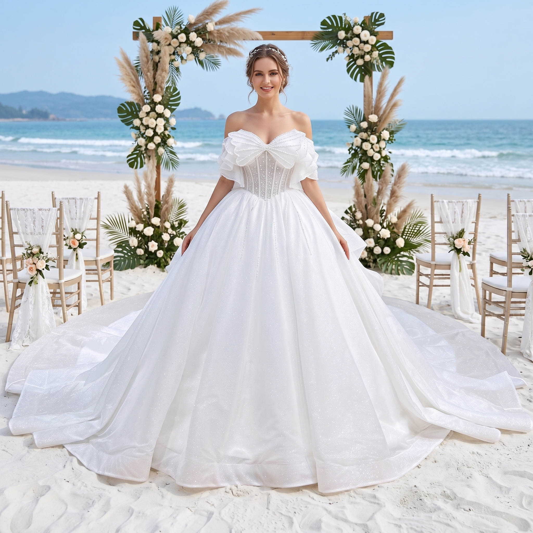 Glamorous bride wearing a luxury glitter tulle ball gown wedding dress with a pearl-beaded corset and an off-the-shoulder bow neckline, posing on a scenic beach wedding set.