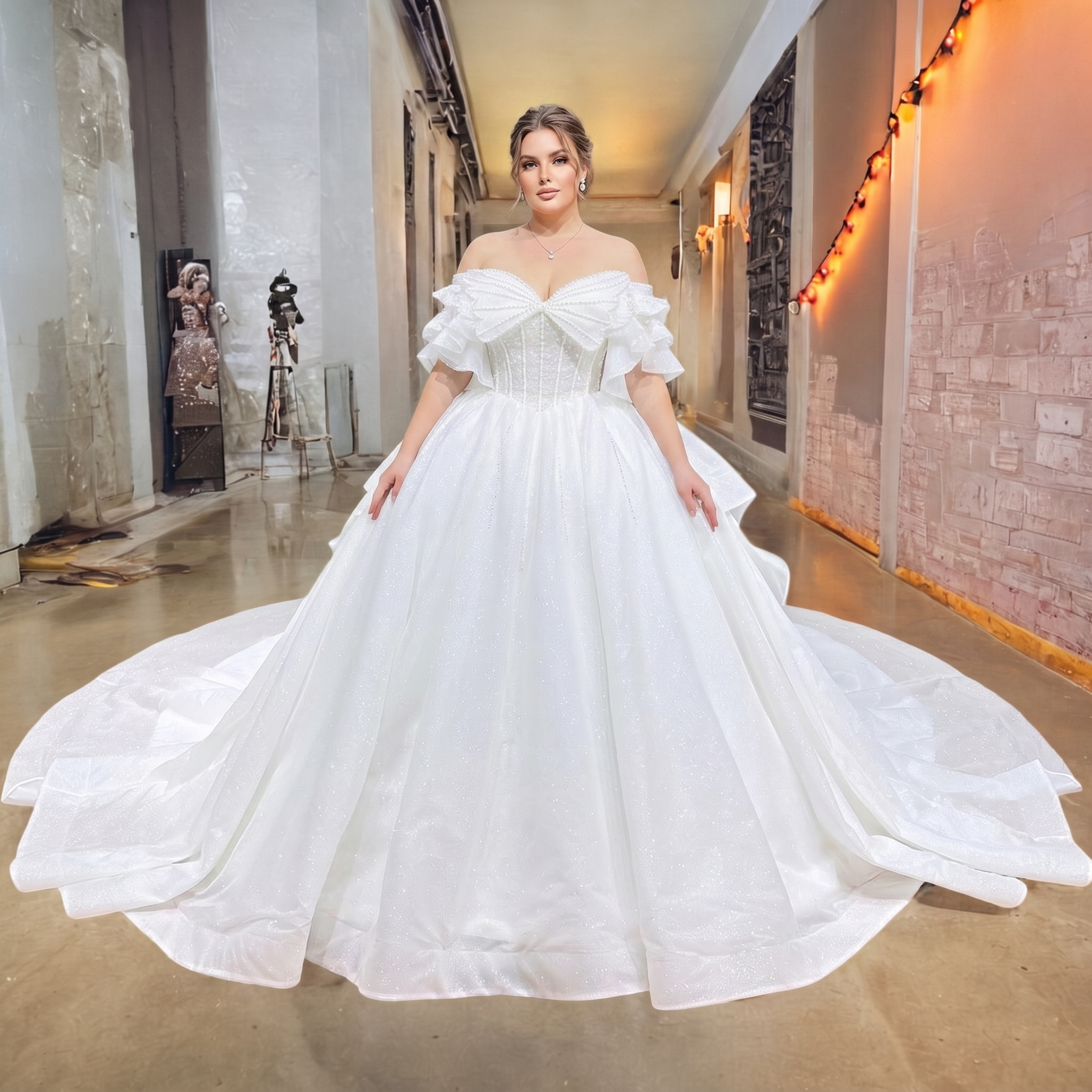 Full-length view of a plus-size model showcasing a sparkling white bridal ball gown with a structured basque waist, layered ruffle sleeves, and a majestic cathedral train.