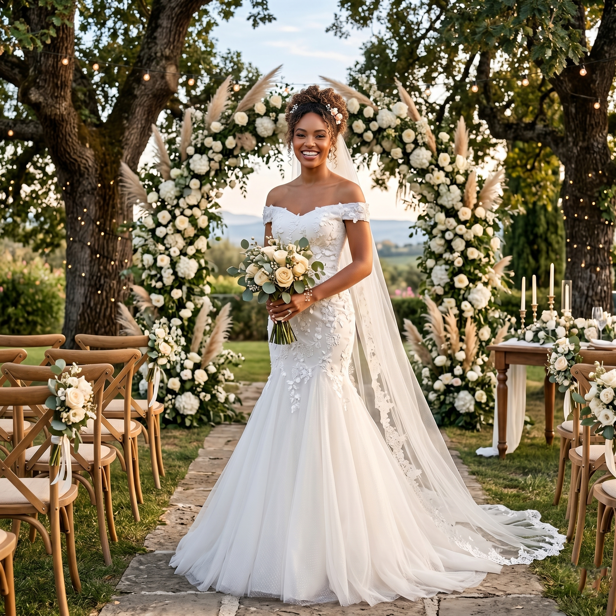 Beautiful off-shoulder mermaid wedding dress with intricate floral lace and a form-fitting silhouette.