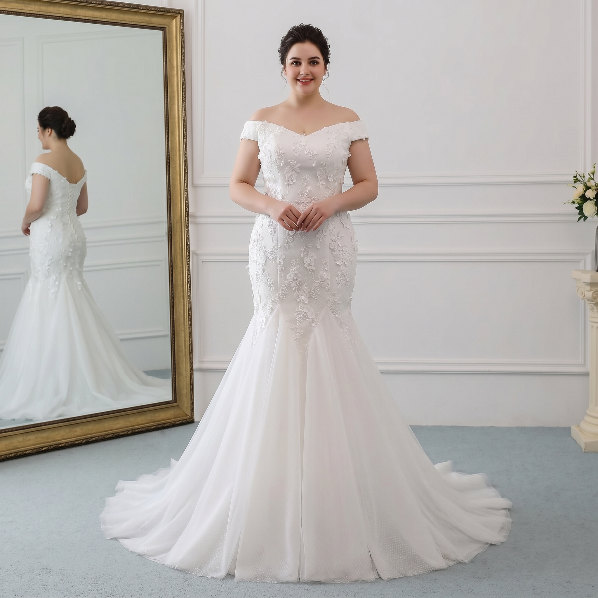 Elegant sleeveless off-shoulder bridal gown featuring a sophisticated sweetheart neckline and a clean, minimalist design.