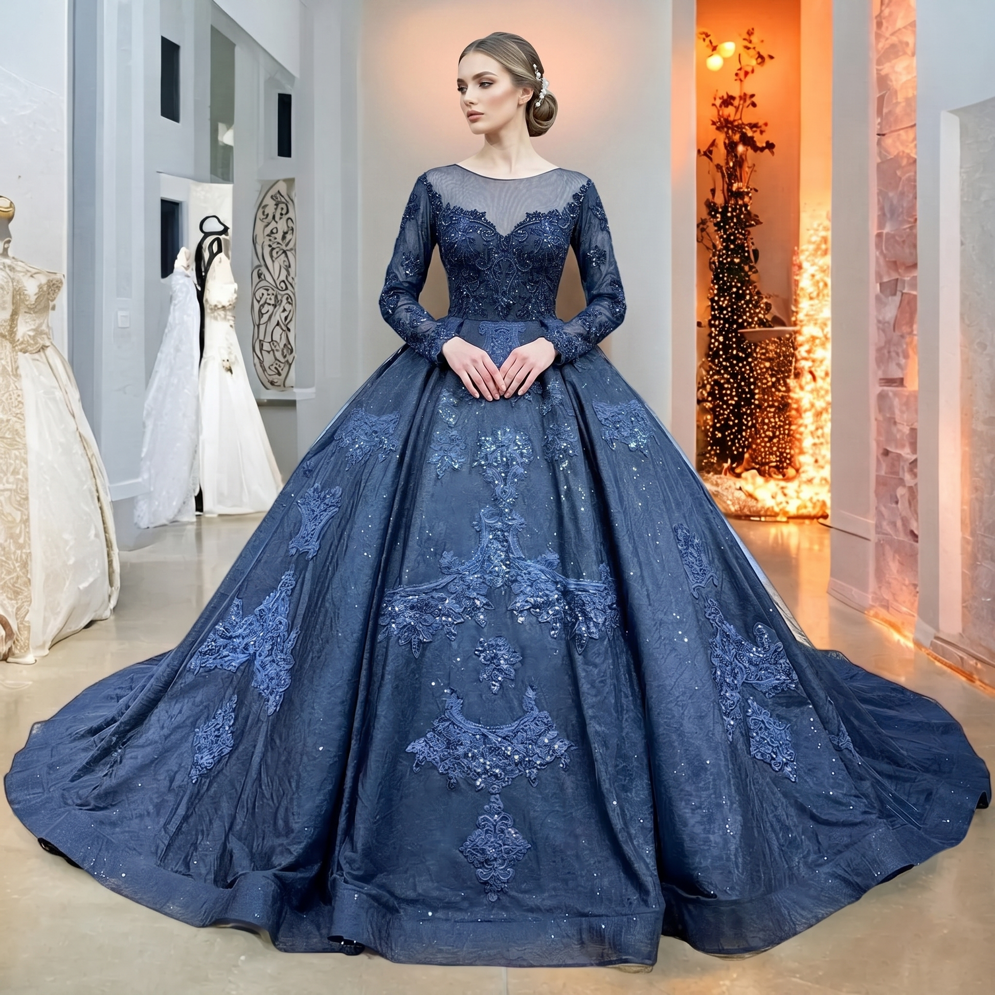 Elegant model posing in a black ball gown wedding dress with long sheer sleeves and ornate lace appliques in a luxury bridal studio.