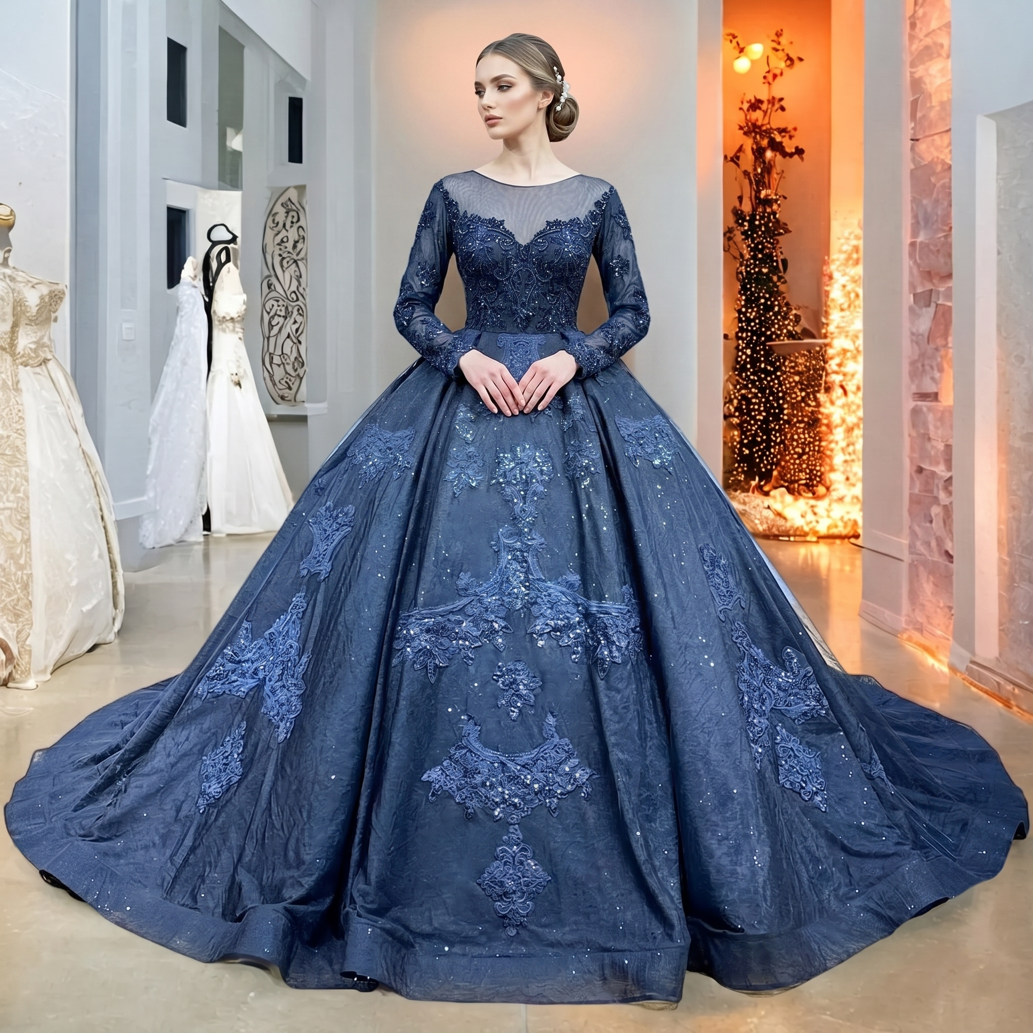 Elegant model posing in a black ball gown wedding dress with long sheer sleeves and ornate lace appliques in a luxury bridal studio.
