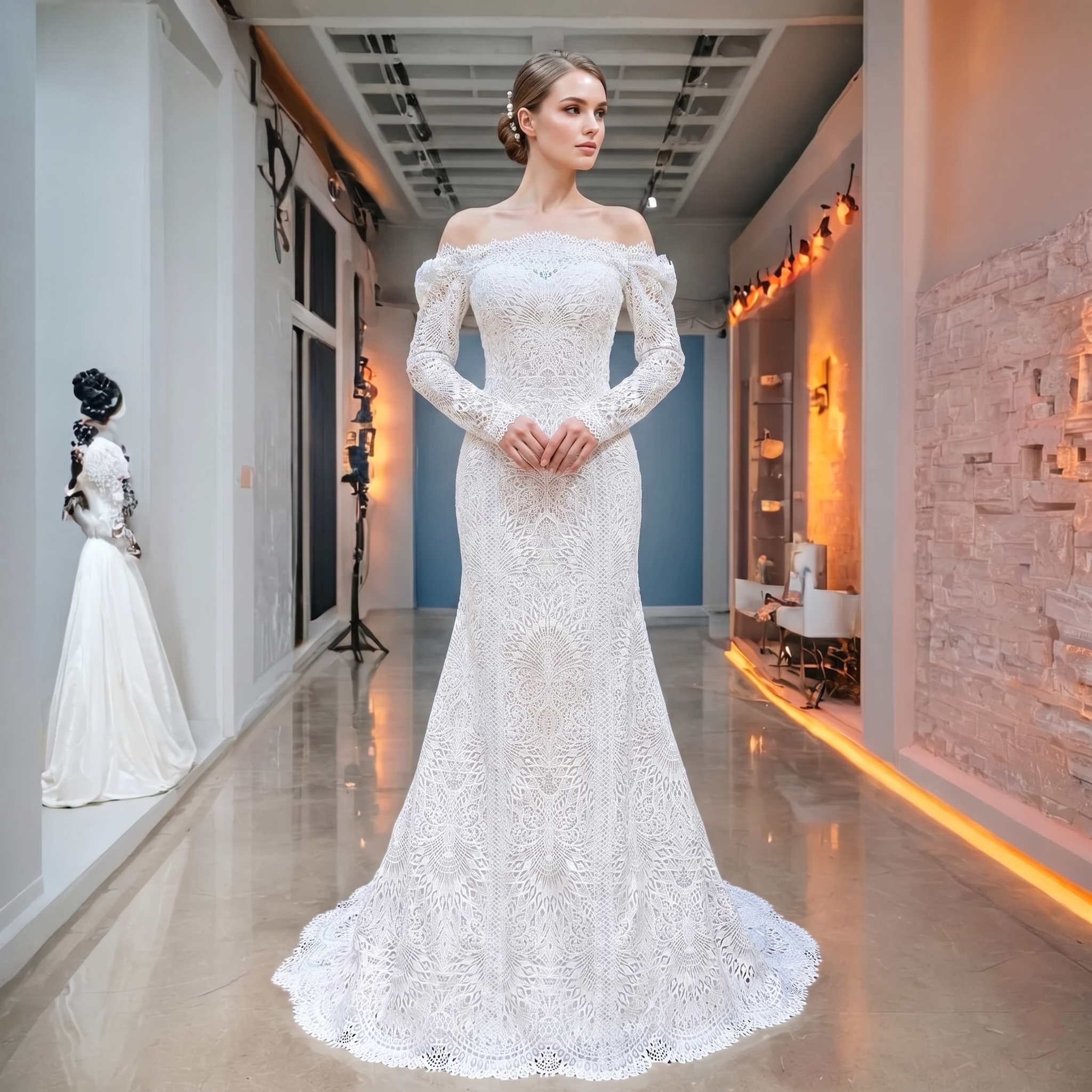 Front view of an elegant model wearing a white long sleeve lace mermaid wedding dress with an off-the-shoulder boat neckline in a luxury bridal showroom.
