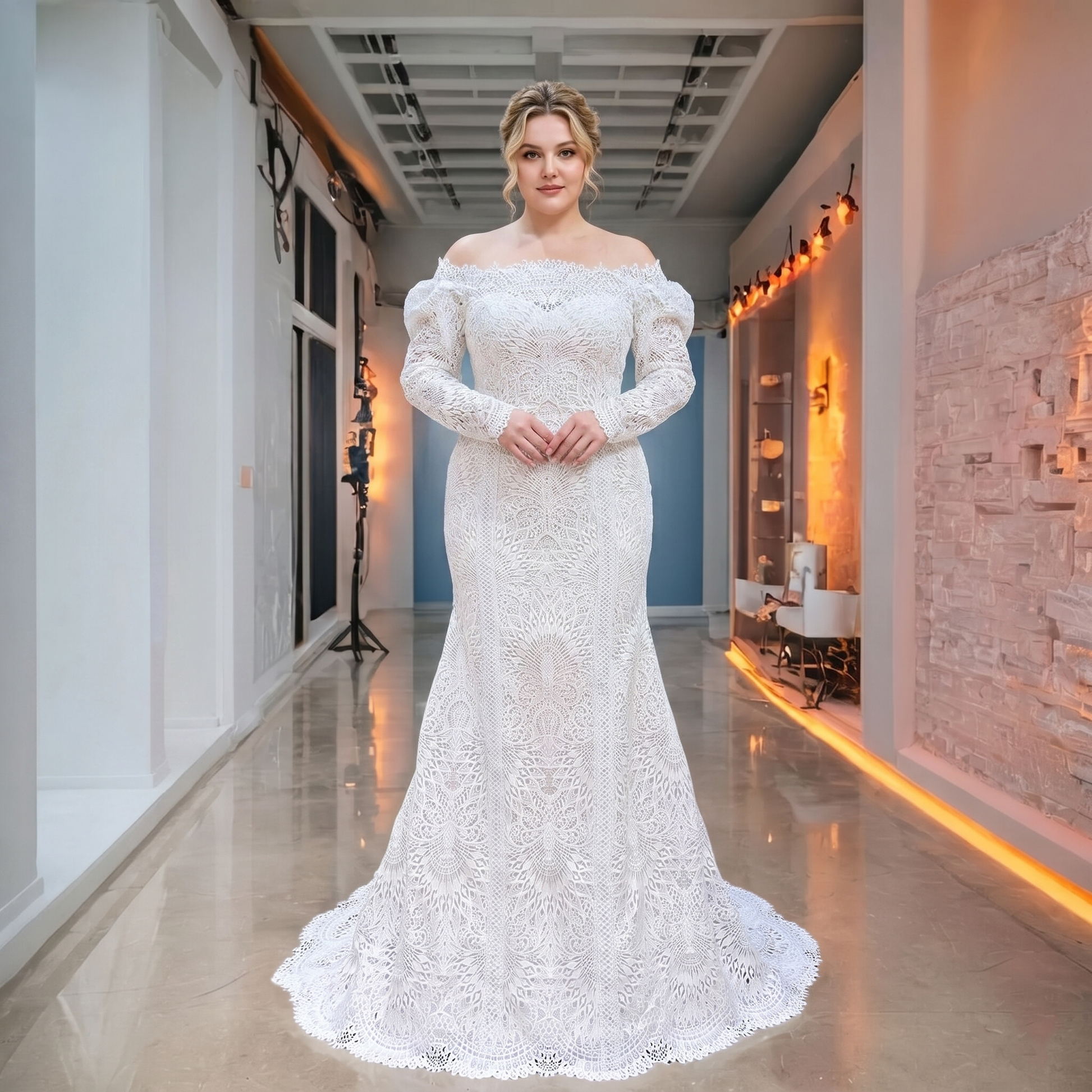 Plus-size bride modeling an intricate boat neck long sleeve lace bridal gown with a mermaid silhouette and delicate off-the-shoulder lace sleeves.