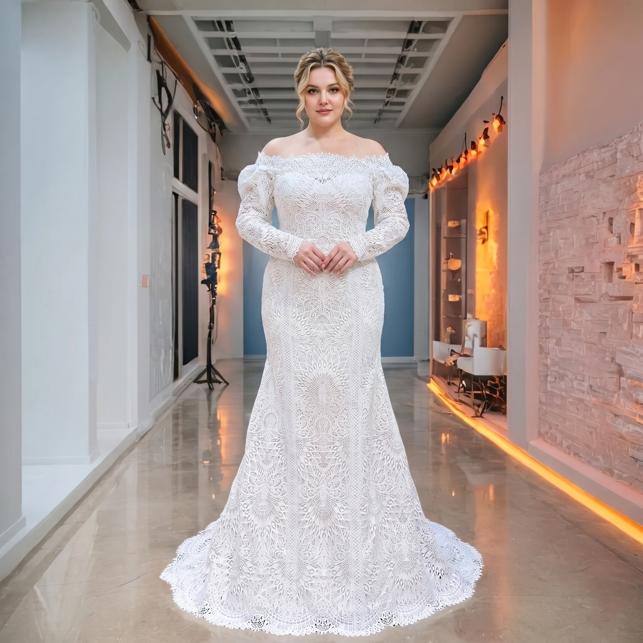 Plus-size bride modeling an intricate boat neck long sleeve lace bridal gown with a mermaid silhouette and delicate off-the-shoulder lace sleeves.