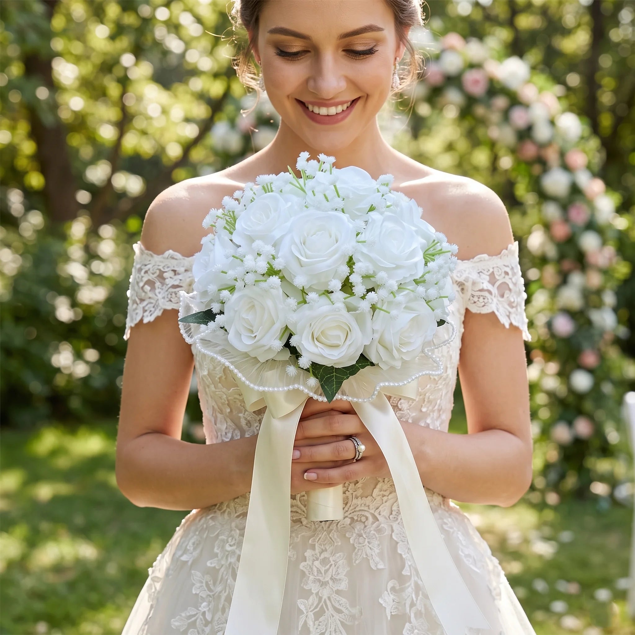Smiling bride wearing an off-the-shoulder lace dress, holding a handmade white rose wedding bouquet wrapped with a silk ribbon and finished with pearl lace edging.