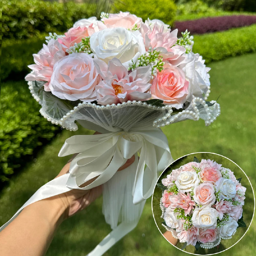 Handheld wedding bouquet featuring mixed blush pink, peach, and ivory white silk roses with an inset overhead view showing the complete circular arrangement, pearl lace edge, and streaming satin ribbons.