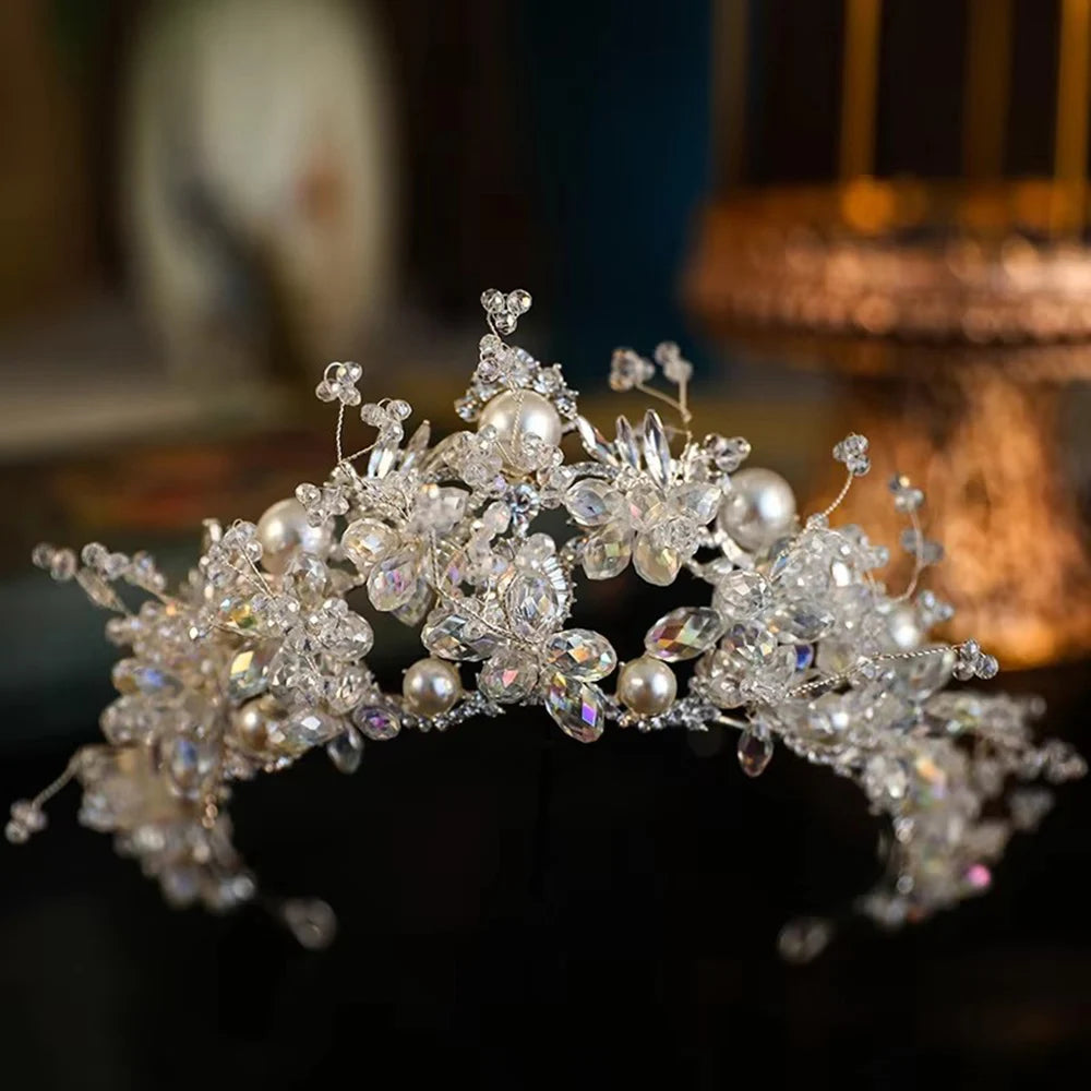 Intricate handcrafted crystal and pearl wedding tiara headband for brides