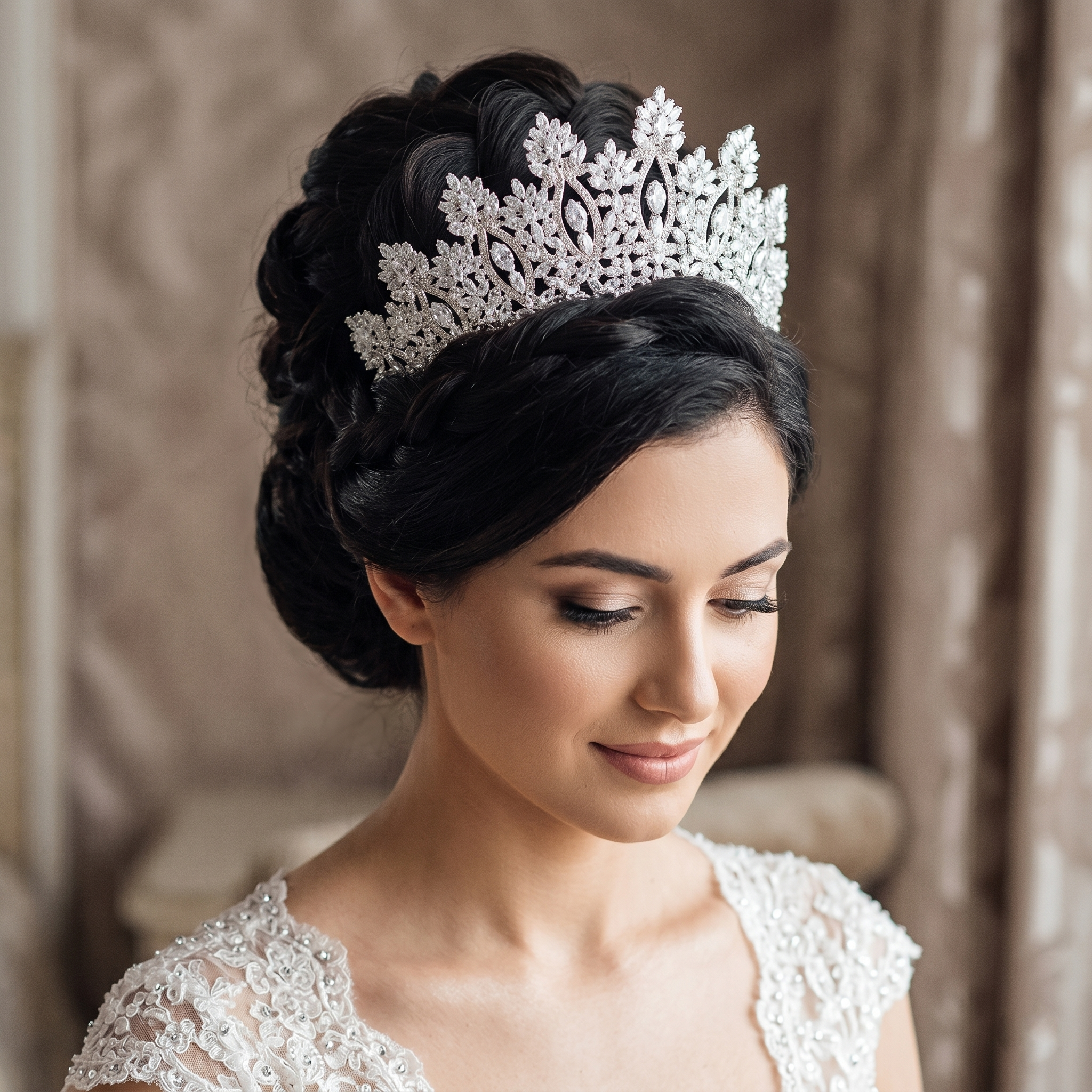 A bride wearing an elegant crystal bridal tiara and crown as a wedding hair accessory.