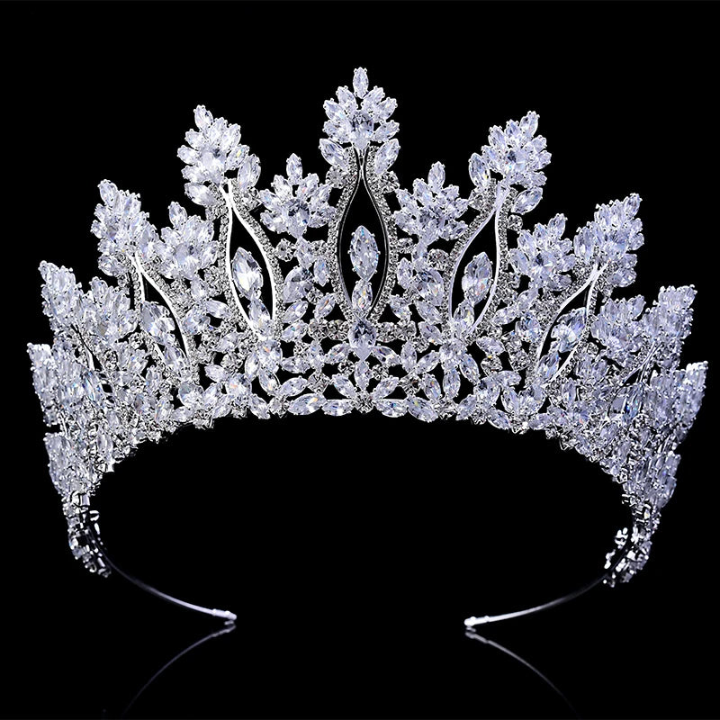 Close-up view of the intricate crystal design on an elegant bridal tiara hair accessory.