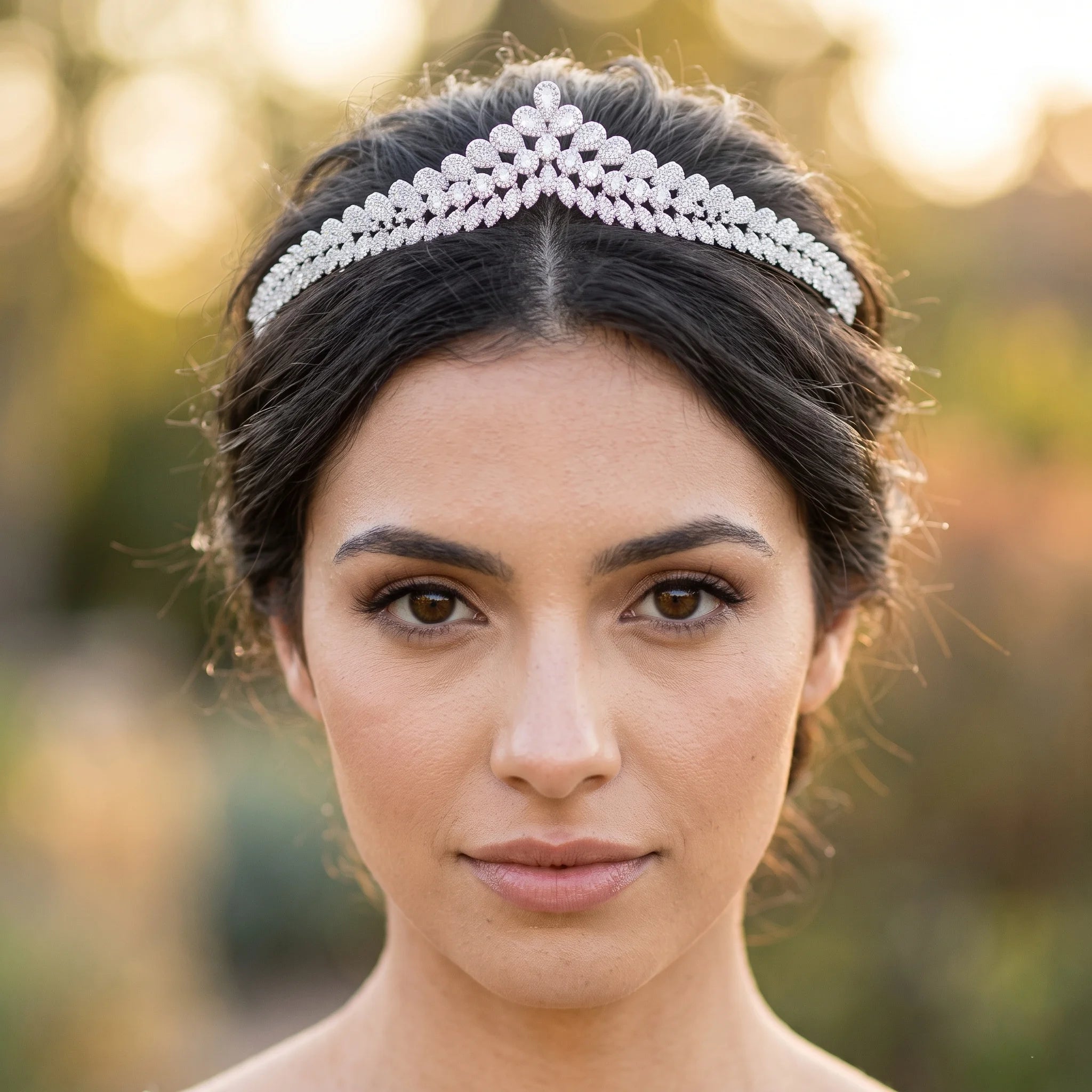 Headshot portrait of a bride with a dark hair updo wearing an elegant V-shaped zirconia bridal tiara featuring tightly clustered clear gemstone patterns.