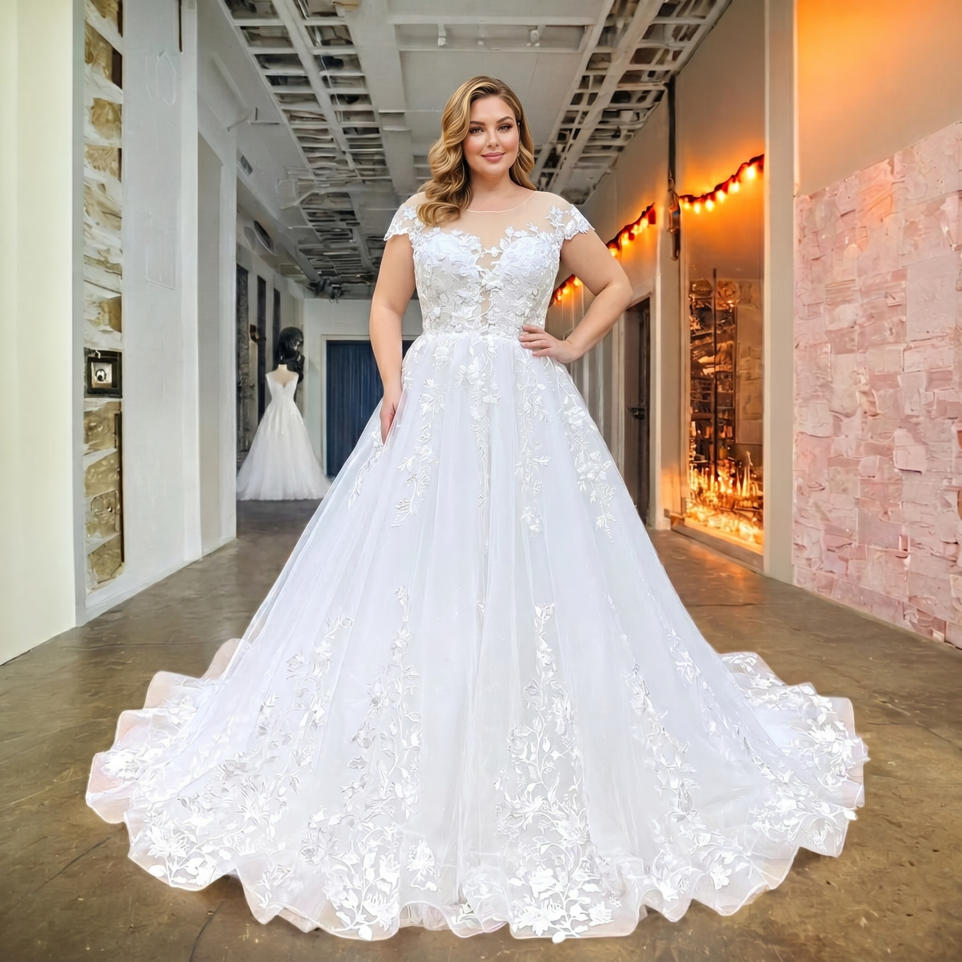 Plus-size model showcasing a cap sleeve A-line bridal gown with a sheer illusion neckline and beautiful 3D floral lace embroidery.