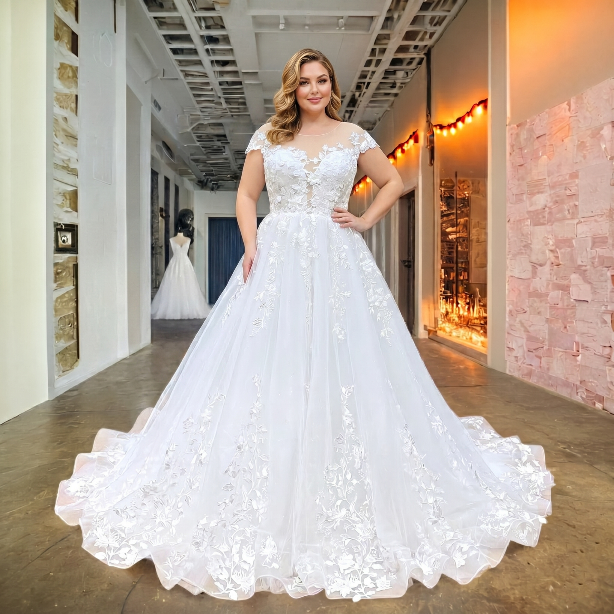 Plus-size model showcasing a cap sleeve A-line bridal gown with a sheer illusion neckline and beautiful 3D floral lace embroidery.